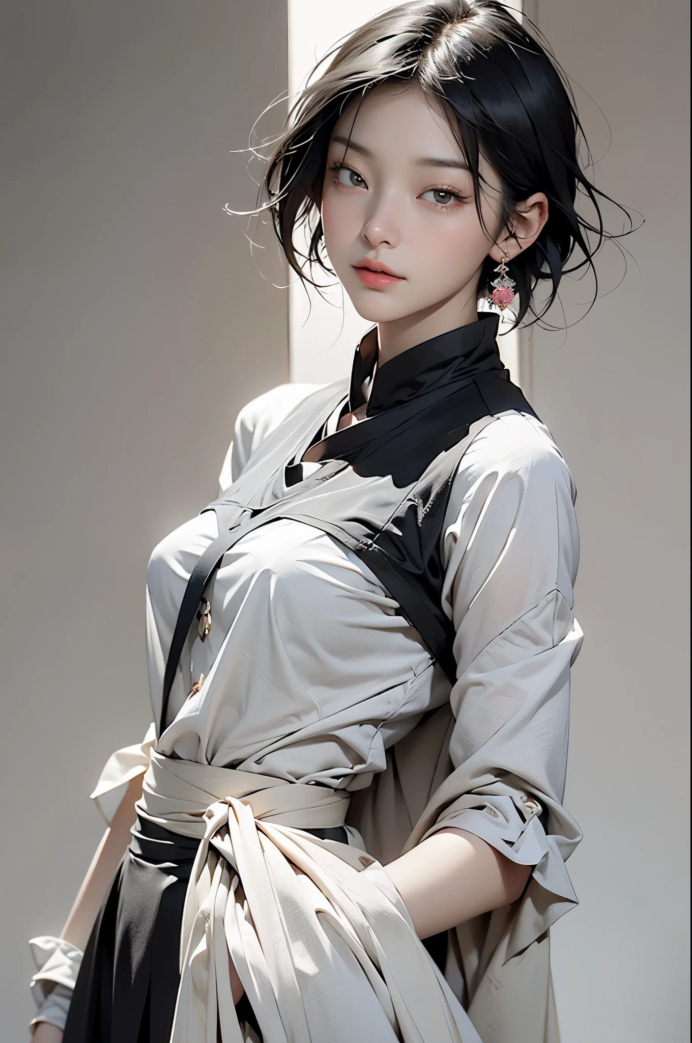Ichiro Shikata, narrow eyes, 1 girl in, All are back、Poker face、short hair、short hair、brow、Reluctant、一个black hair的、Headband,Gibson Tucker, ((Medium chest)), thin eyes、black eyes, Light shines on the eyes、black hair, Gloves, skirt, luxury jewelry, earrings, sharp sharp eyes、 Elbow woods,raise your hands,tie your hair back, random color, random color dress, Makeup suitable for long eyes, slender eyes、intricate petal pattern, rim light, backlight, pastel colors,studio lighting,((huge breasts))