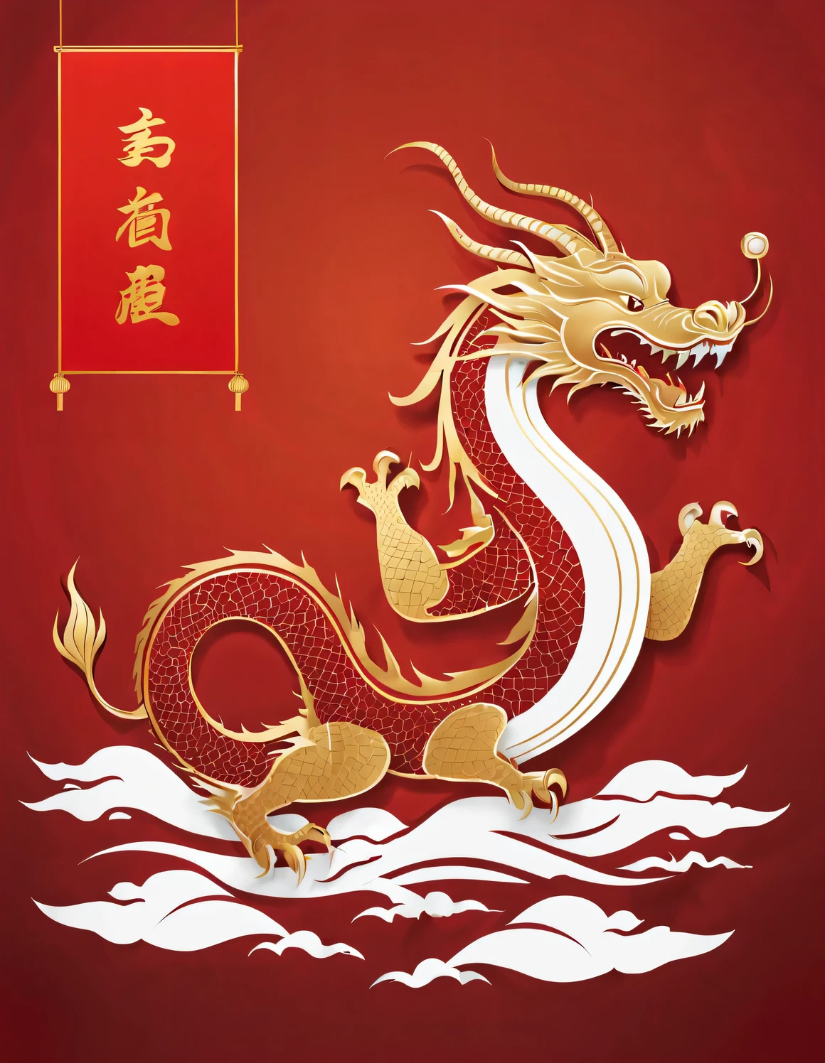 Sketch style, Simple golden negative space on Chinese red background, Happy laughter and cuteness, The dynamic movement of a minimalist Chinese dragon taking long strides, and a thin golden line in English "Marine art" Width,
flat, vector, clip art, Greg Staples style, Opat,