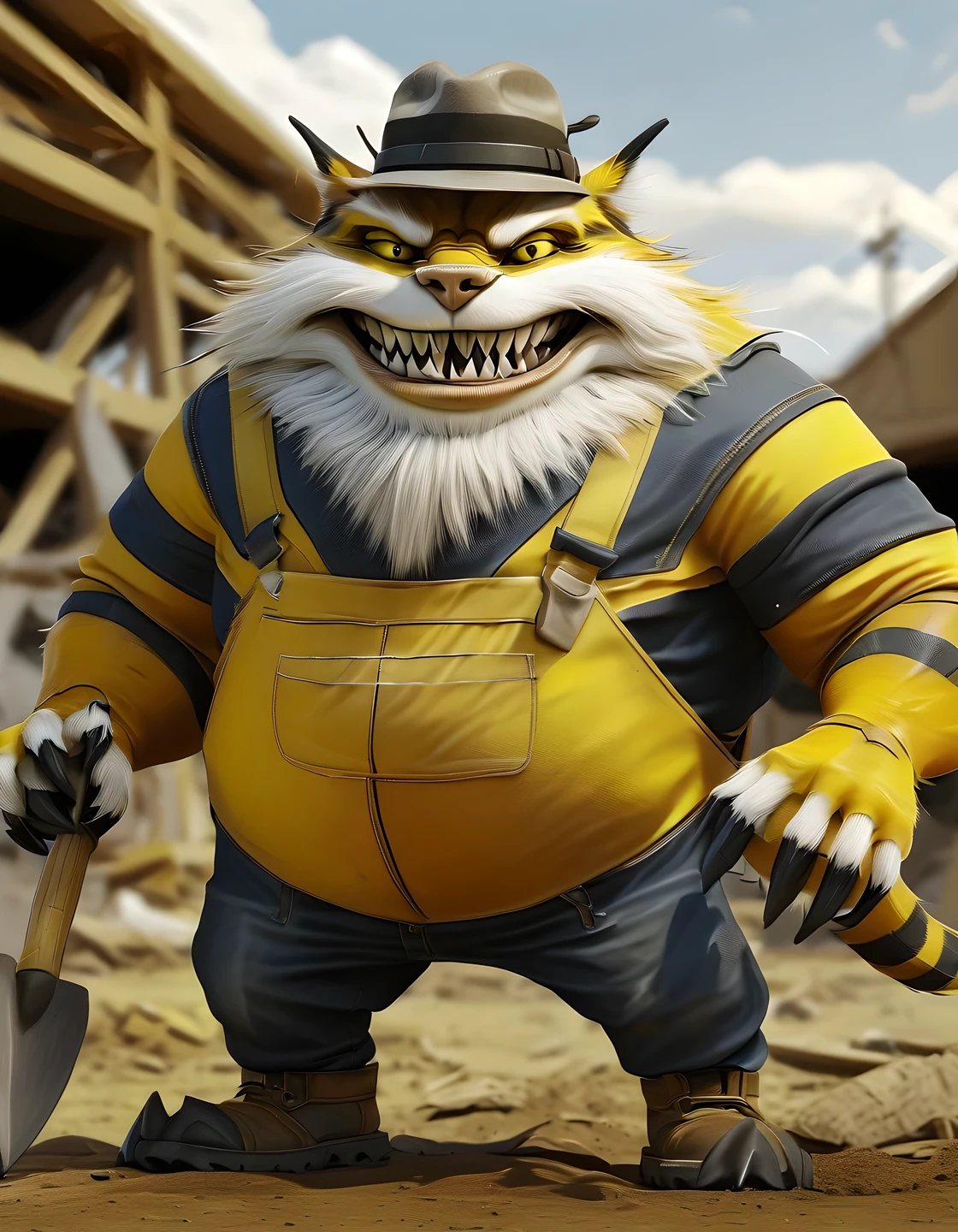 (masterpiece, best quality:1.2), realistic 3D models of fantasy creatures in a dynamic labor posture，holding tools. This creature has a thick and round body, huge white claws, rich anthropomorphic expressions, small pointed ears and sharp eyes. It is wearing a laborer's suit and hat. Its fur is mainly bright yellow with black lightning-like stripes. It always smiles widely, showing two rows of white teeth, and its legs are strong, supporting its huge body. The background is a farm or construction site， CombatantWorkerPal