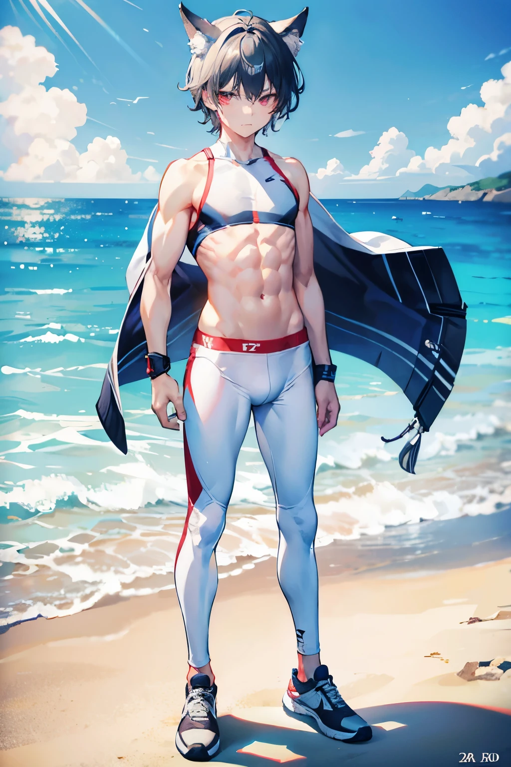 Wallpaper phone,masterpiece,best quality,8K quality,unparalleled clarity,best strokes,exquisite eyes,Exquisite facial features,full body character,panoramic, delicate face,Boys have very thin fingers,sports student,Handsome boy,charming,,Shota,abdominal muscles(0.5),anime characters,white fox ears,red eyes,short hair,look at the audience,sneering,male focus,Gray hair is messy,Beach volleyball player,white sneakers,beach background,standing posture,no clothes are worn,red leggings,catching action,The crotch is bigger(2.0)Clear background image