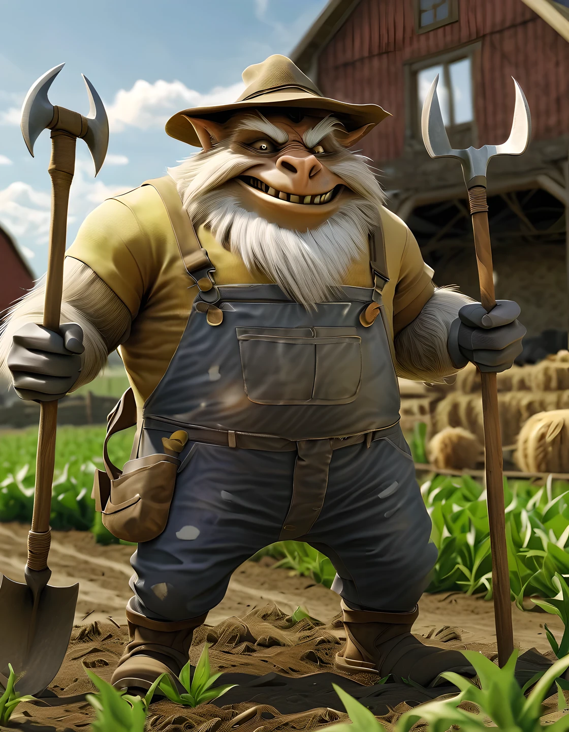 (masterpiece, best quality:1.2), realistic 3D models of fantasy creatures in a dynamic labor posture，holding farming tools. The background is a farm