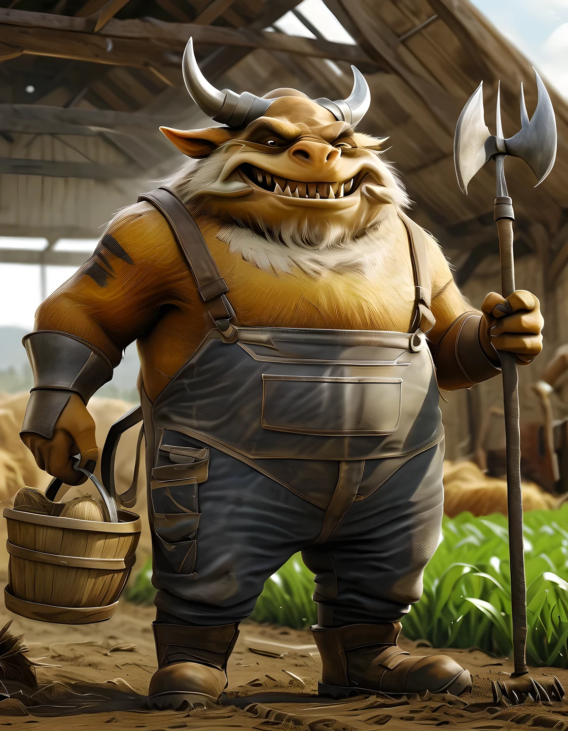 (masterpiece, best quality:1.2), realistic 3D models of fantasy creatures in a dynamic labor posture，holding farming tools. The background is a farm