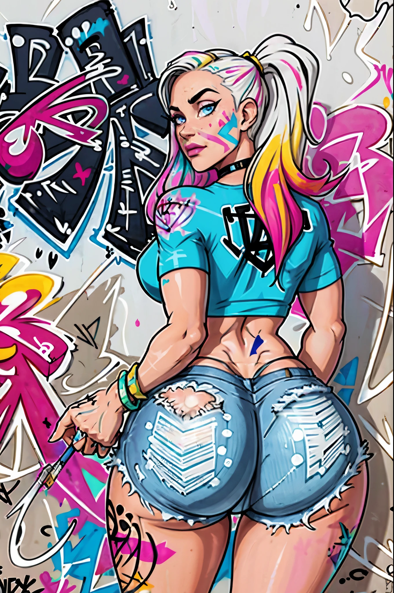 masterpiece, best quality, 25 years old beautiful woman, long hair, (mature face:1.4), 1woman, solo, crop top, denim shorts, choker, (from behind:1.4), plumb ass, thick thighs, thin waist, (graffiti:1.5), paint splatter, arms behind back, against wall, looking at viewer, armband, thigh strap, paint on body, head tilt, bored, multicolored hair (pink, blue), aqua eyes, headset