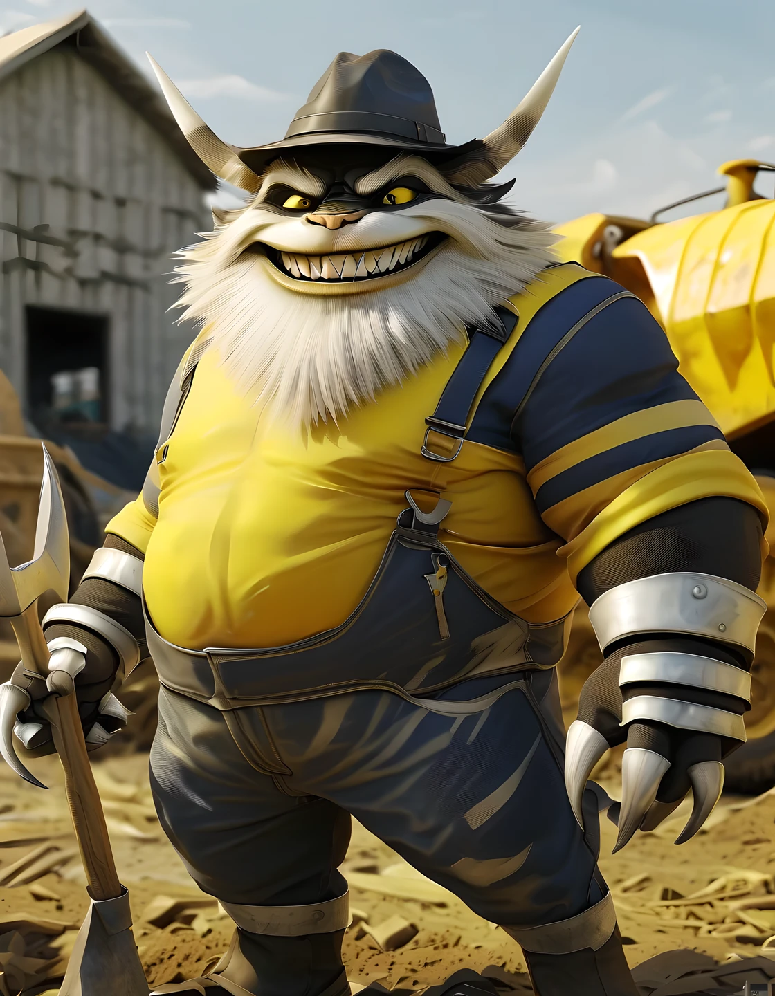 (masterpiece, best quality:1.2，uiltra detail), realistic 3D models of fantasy creatures in a dynamic labor posture，holding tools. This creature has a thick and round body, huge white claws, rich anthropomorphic expressions, small pointed ears and sharp eyes. It is wearing a laborer's suit and hat. Its fur is mainly bright yellow with black lightning-like stripes. It always smiles widely, showing two rows of white teeth, and its legs are strong, supporting its huge body. The background is a farm or construction site， CombatantWorkerPal