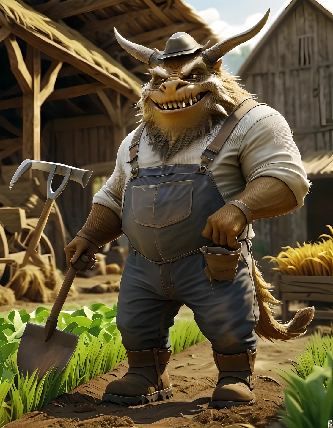 (masterpiece, best quality:1.2), realistic 3D models of fantasy creatures in a dynamic labor posture，holding farming tools. The background is a farm