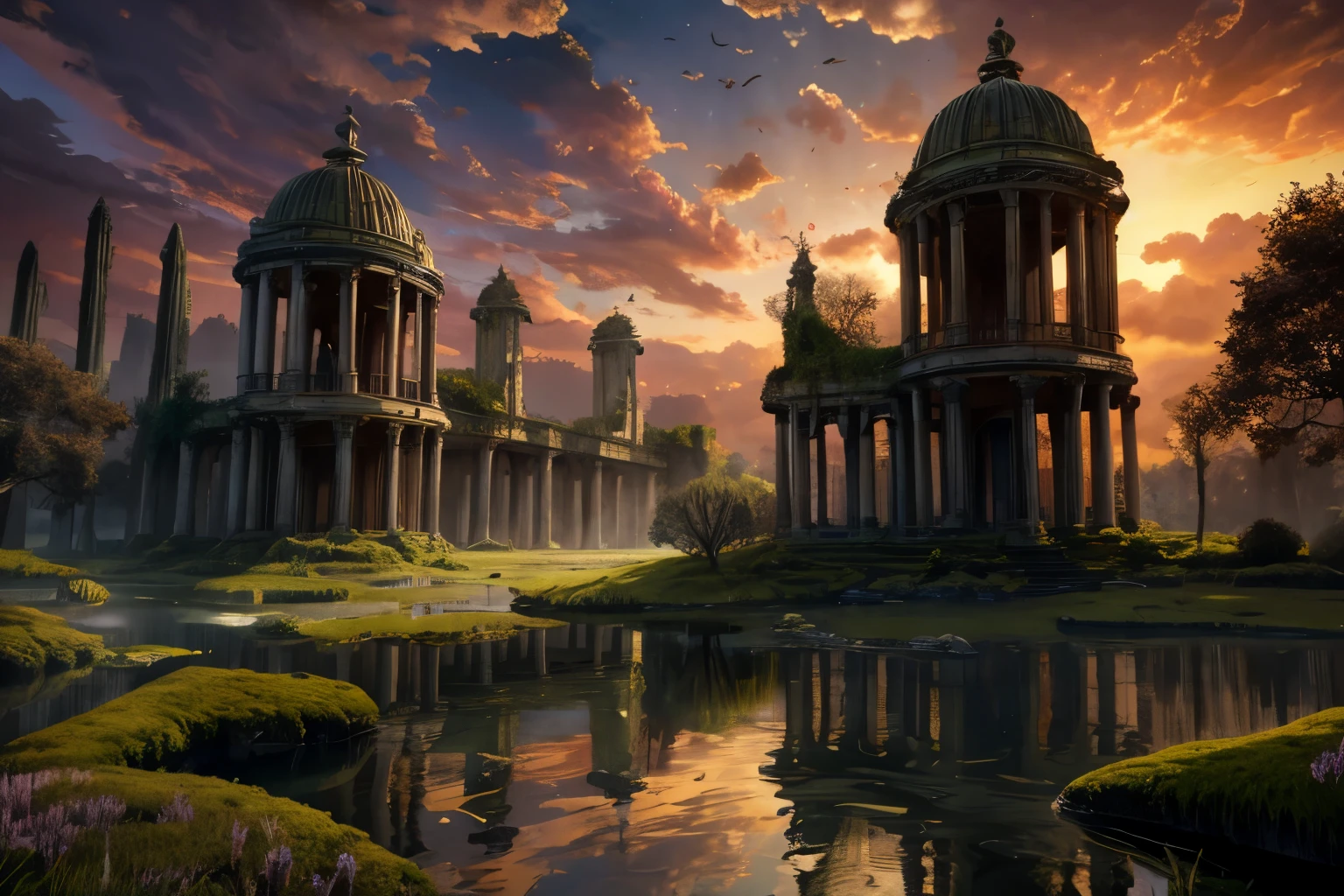 (best quality:1.5), surreal, intricate details, 8k, fantasy, vintage art style, LODBG, devoid of humans, outdoor, sky, clouds, water, trees, clouds against the sky, nature, landscape, reflections, sunset, ruins, pillars, moss-covered, overgrown with weeds, volumetric lighting, perfect composition, extremely detailed, exquisitely crafted scenery, (ultra-detailed)