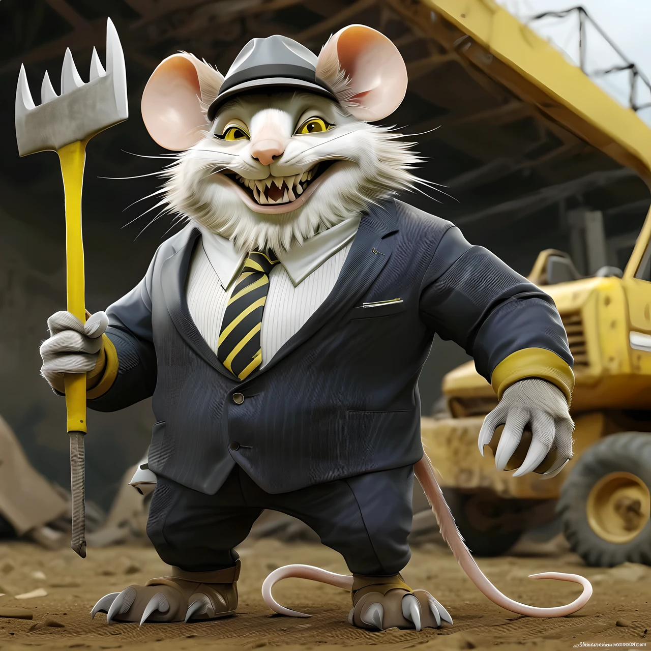 (masterpiece, best quality:1.2), workingpal, realistic 3D models of fantasy mouse like creatures in a dynamic labor posture，holding tools. This creature has a thick and round body, huge white claws, rich anthropomorphic expressions, small pointed ears and sharp eyes. It is wearing a laborer's suit and hat. Its fur is mainly bright yellow with black lightning-like stripes. It always smiles widely, showing two rows of white teeth, and its legs are strong, supporting its huge body. The background is a farm or construction site