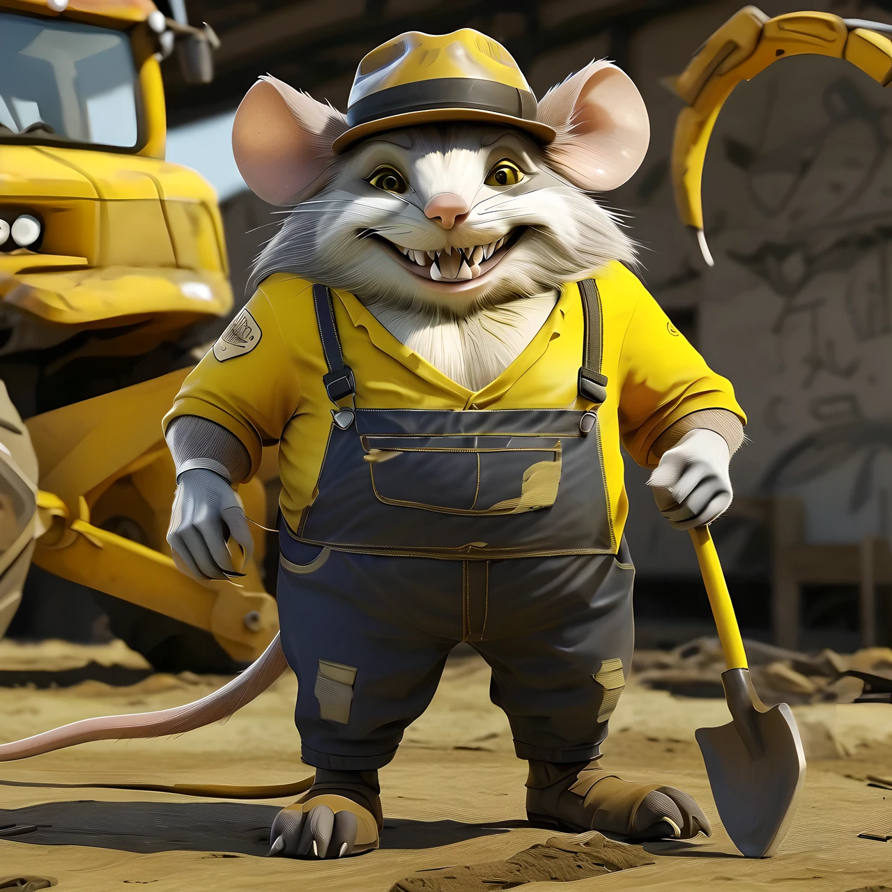 (masterpiece, best quality:1.2), workingpal, realistic 3D models of fantasy mouse like creatures in a dynamic labor posture，holding tools. This creature has a thick and round body, huge white claws, rich anthropomorphic expressions, small pointed ears and sharp eyes. It is wearing a laborer's suit and hat. Its fur is mainly bright yellow with black lightning-like stripes. It always smiles widely, showing two rows of white teeth, and its legs are strong, supporting its huge body. The background is a farm or construction site