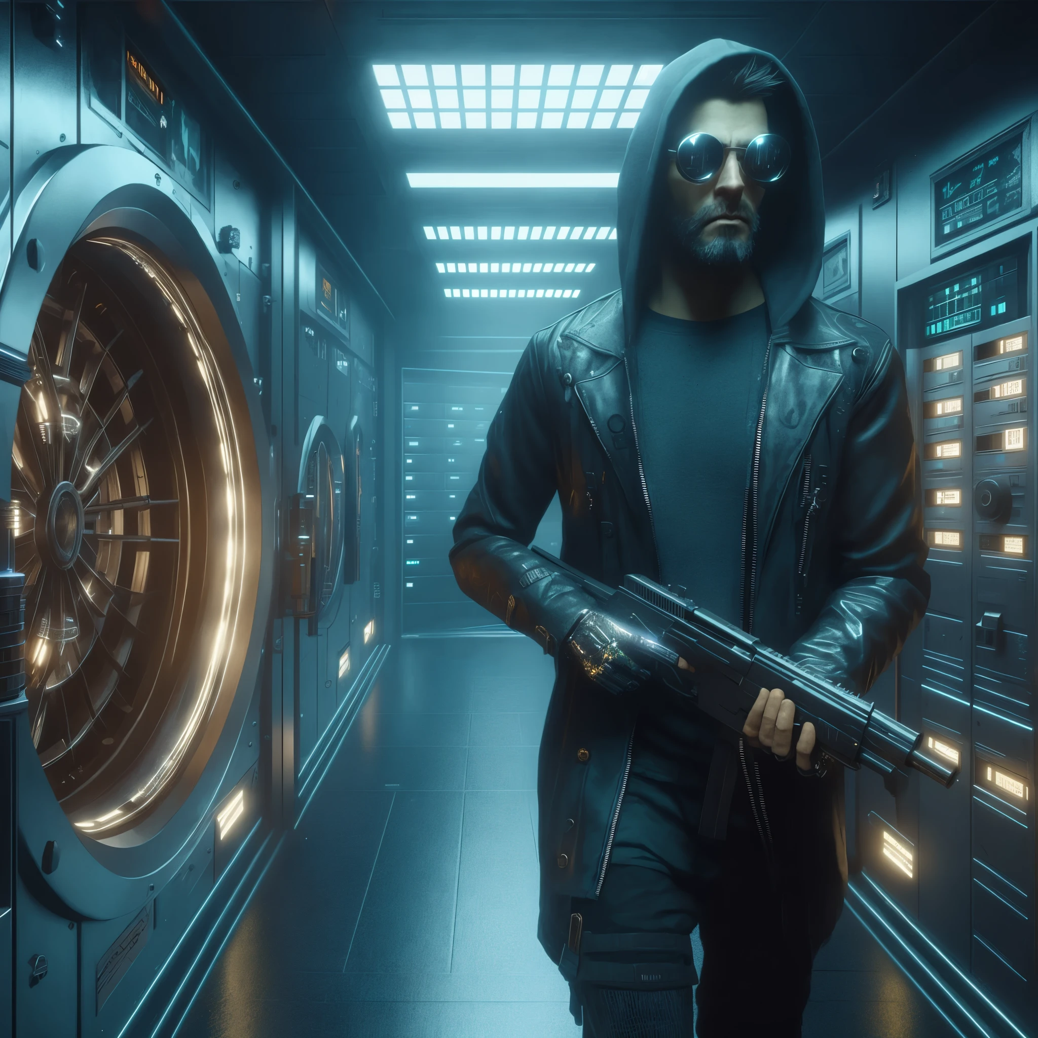 arafed man in a hooded jacket holding a gun in a hallway, hyper-realistic cyberpunk style, set in cyberpunk bank vault, cyberpunk art ultrarealistic 8k, style of cyberpunk 2 0 7 7, in cyberpunk style, cyberpunk character, futuristic cyberpunk scenario, cyberpunk hero, cyberpunk 8 k, octane highly detailed cinematic, cyberpunk assassin, cyberpunk hacker, cyberpunk dude