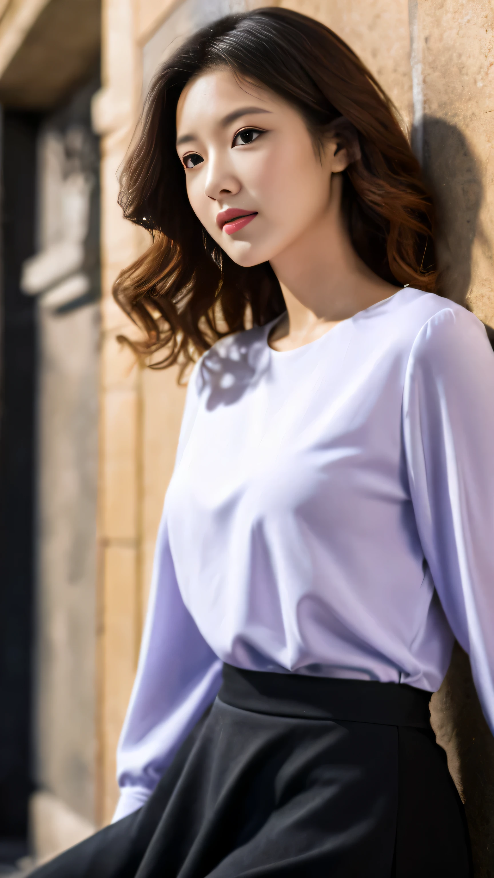 detailed background, masterpiece, best quality, 1 person , curly hair, long hair, purple eyes, star in eye , Strapless blouse, long  skirt