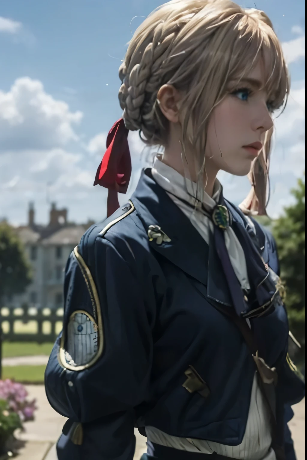 purple, 1 girl, alone, looking at the audience, blue eyes, blonde hair, ribbon, hair between eyes, jewelry, close your mouth, jacket, hair ribbon, braid, outdoor, Sky空, Sky, cloud, red ribbon, blue Sky空, ascot, hair intake, blue jacket, brooch, white ascot, masterpiece ，HD