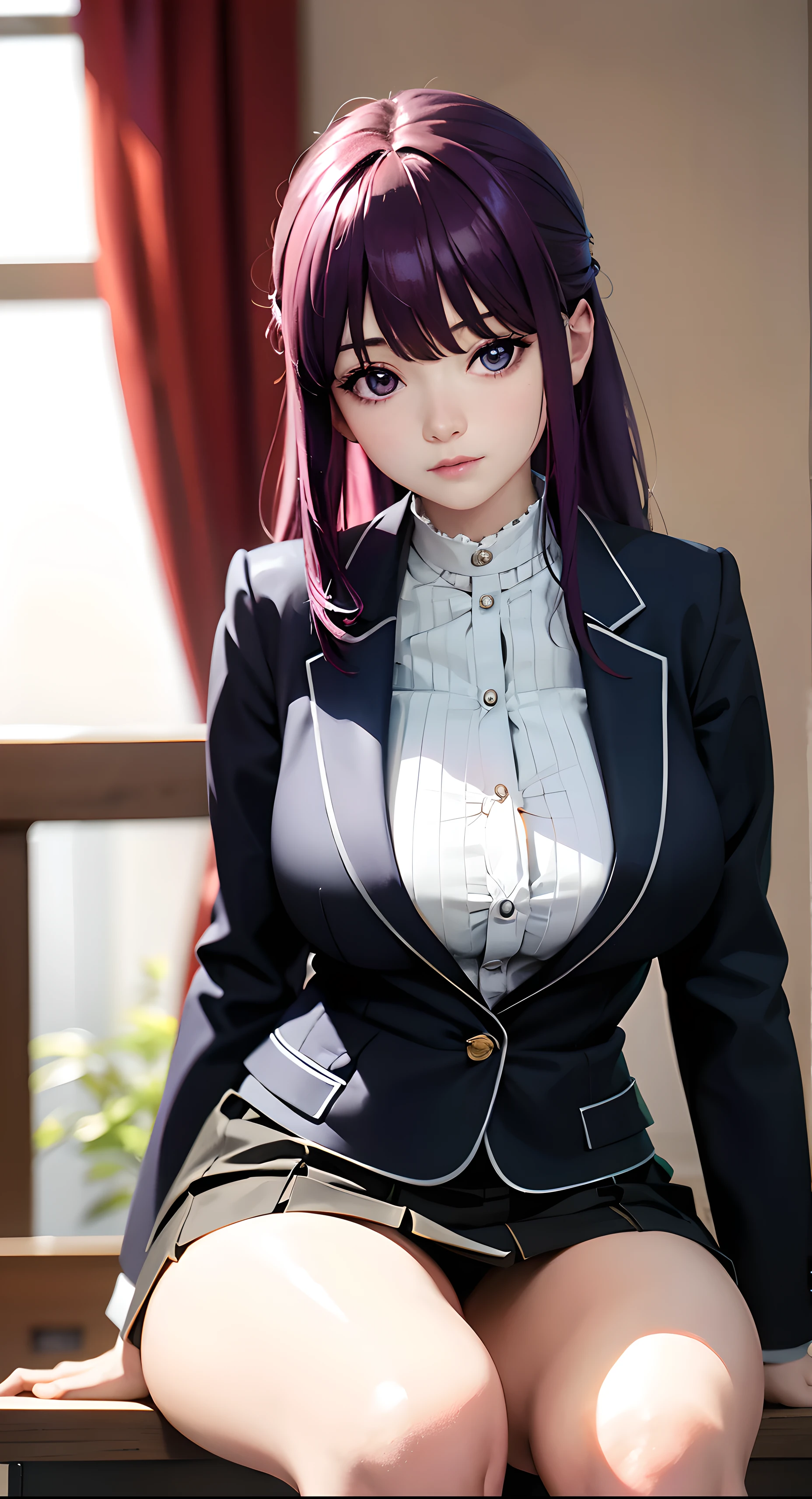 ((8K,RAW photos,top Quority,tmasterpiece),HD RAW color photo professional close-up Photograph,(realisticlying,realisticlying:1.37),(HighestQuali),(Best shadow),(Most Best Illustration),鎖骨((The large)),((,Raised sexy,超高分辨率,HD CG unifies 8K wallpapers,physically-based renderingt,cinmatic lighting),(aegyo sal:1),18 years old girls,(grey blazer,Ribbons,sockes,High School Uniforms:1.2),high school classroom, beatiful detailed eyes,Light on the face,((full body shot shot:1.2)),Particularly bright light,(Upper Eye,grinning smile:1.2),shiny skins,(((Purple hair big breasts,wavy and long hair:1.2))),(thick thight),ulzang-6500-v1.1:0.2,is shy,(flash lights:1.2),Sexual seduction,(puffynipple),((tempting pose:1.2,big breasts enchanting:1.2)),(Idle),(Sit at a desk in the classroom:1.2)),((Good anatomy:1.2)),((Bright and refreshing classroom,The background is blurred out: 1.2)),s the perfect face,cute face,(high-angle shot:1.2)