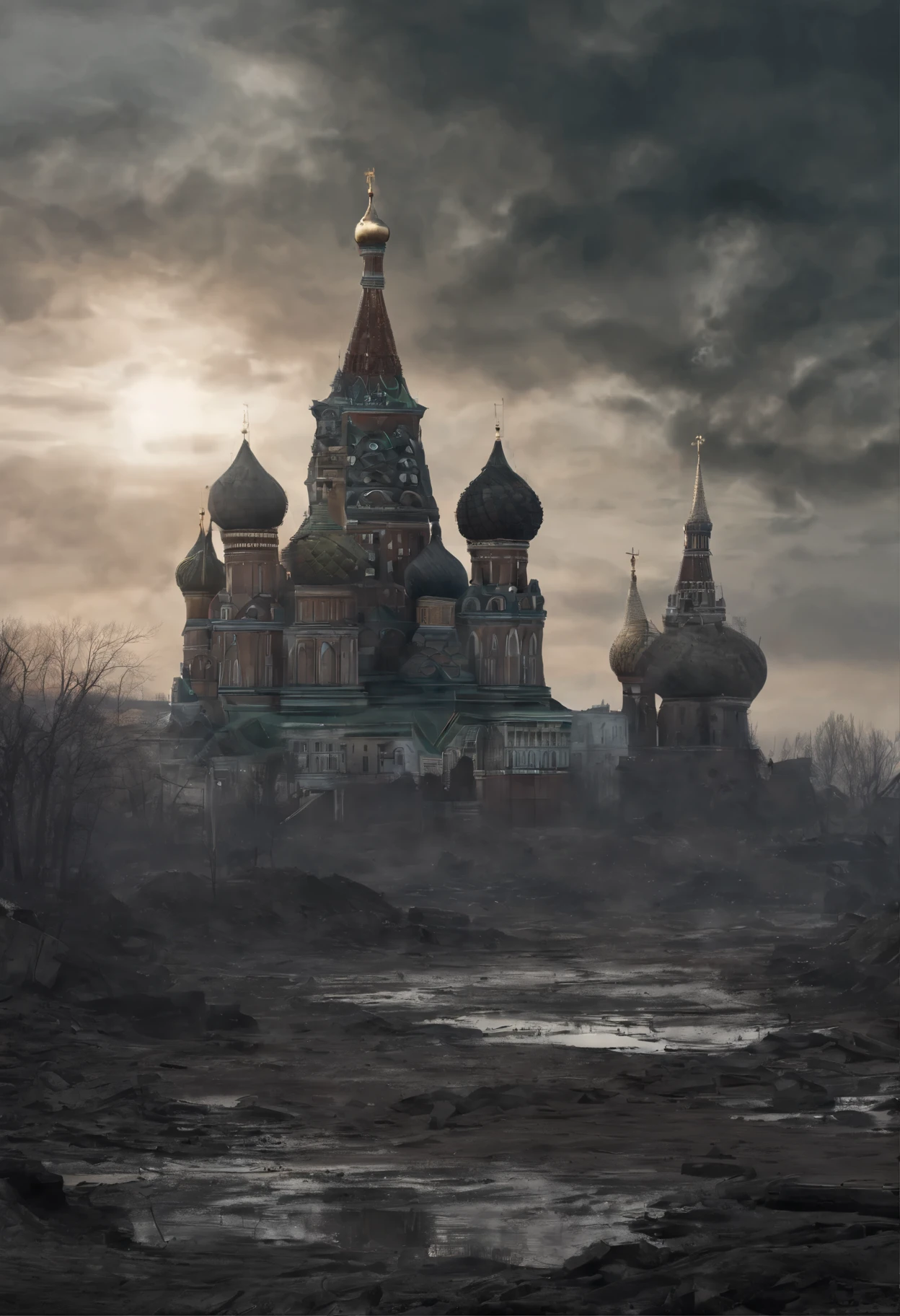 Masterpiece, obra maestra, hiperrealismo, cinematographic image, 8K, profundidad de campo, cinema lighting, a Post apocalyptic shot of the typical iconic image of the (kremlin en ruinas),full of greenery, image Post apocalyptic and dystopian, dome route, ((en el cielo se ven planetas y (naves espaciales))), ((smoke behind the kremlin)). In the foreground a laser gun on the ground and a pool of dried blood