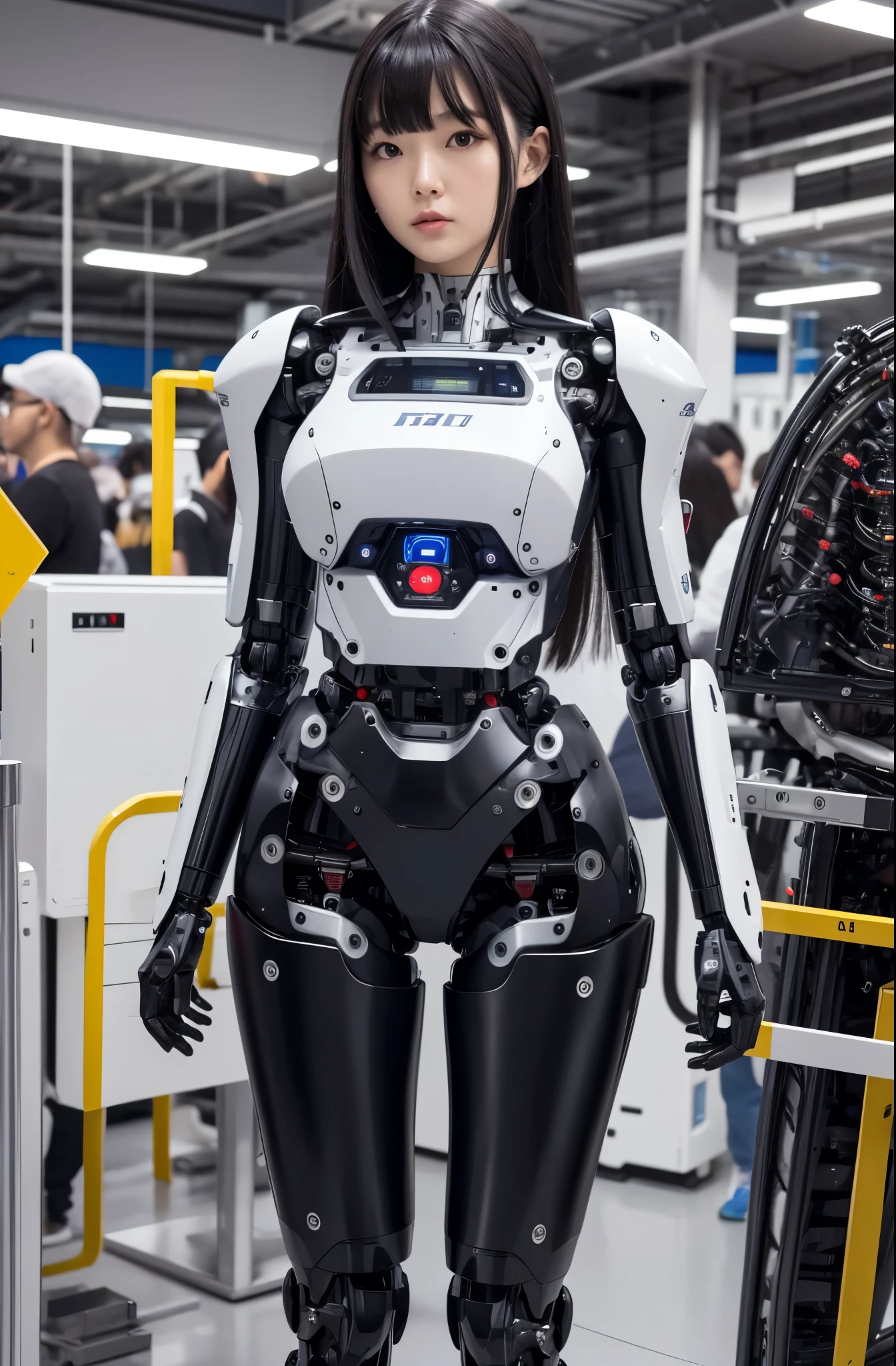 masterpiece, best quality, extremely detailed, Japaese android girl,Plump , control panels,android,Droid,Mechanical Hand, Robot arms and legs, Black hair,Blunt bangs,perfect robot girl,long tube,thick cable connected her neck,android,robot,humanoid,cyborg,japanese cyborg girl ,robot-assembly plant,She is assembling now,assembly scene