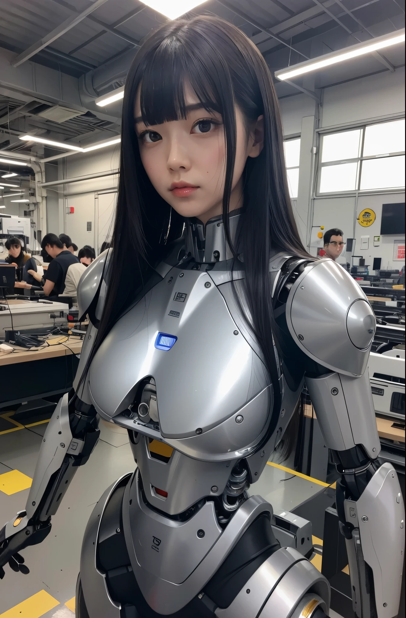 masterpiece, best quality, extremely detailed, Japaese android girl,Plump , control panels,android,Droid,Mechanical Hand, Robot arms and legs, Black hair,Blunt bangs,perfect robot girl,long tube,thick cable connected her neck,android,robot,humanoid,cyborg,japanese cyborg girl ,robot-assembly plant,She is assembling now,assembly scene