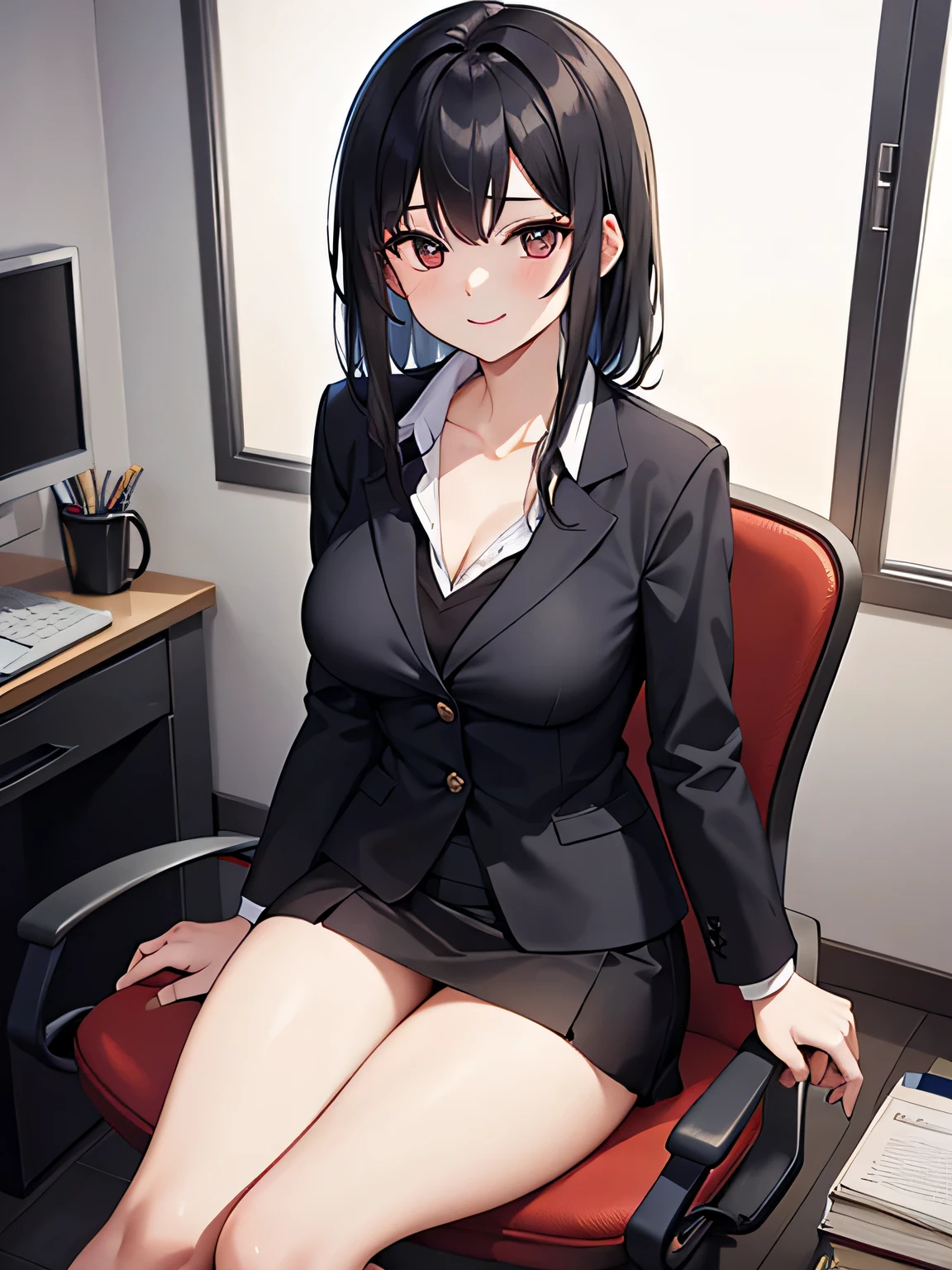 (1) A woman sits alone in an office chair, her skirt is short、Red panties are almost visible. her legs are closed, But you can see her pants through the gap between her skirt and thighs..
(2) woman is wearing a black blazer, Inner: black tight skirt and white V-neck T-shirt.
(3) that woman has long black hair.
(4) She is 28 years old, mature, and smiling.
(5) The location is the office.