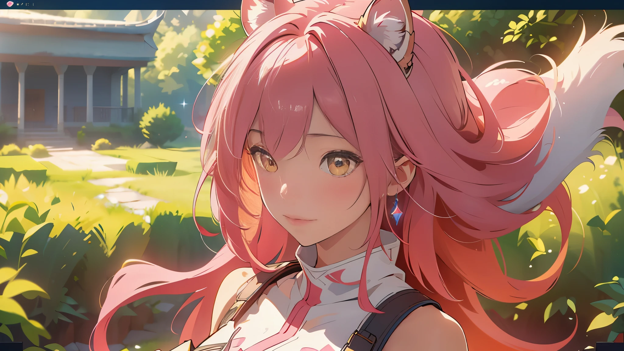 Leona,leona, yellow eyes, fox ears, long Pink hair, white dress, short dress, sleeveless, sideboob, detached sleeves, shorts, belt, grass field, Zoo, White Lion Animal , Lion Cub, Pink Fox Ear, ((Best quality)), ((masterpiece)), 3D, HDR (High Dynamic Range),Ray Tracing, NVIDIA RTX, Super-Resolution, Unreal 5,Subsurface scattering, PBR Texturing, Post-processing, Anisotropic Filtering, Depth-of-field, Maximum clarity and sharpness, Multi-layered textures, Albedo and Specular maps, Surface shading, Accurate simulation of light-material interaction, Perfect proportions, Octane Render, Two-tone lighting, Wide aperture, Low ISO, White balance, Rule of thirds,8K RAW, Aura, masterpiece, best quality, Mysterious expression, magical effects like sparkles or energy, flowing robes or enchanting attire, mechanic creatures or mystical background, rim lighting, side lighting, cinematic light, ultra high res, 8k uhd, film grain, best shadow, delicate, RAW, light particles, detailed skin texture, detailed cloth texture, beautiful face, (masterpiece), best quality, expressive eyes, perfect face,nikkeredhood,hair over one eye,marian,yuzuriha,momo_burlesque