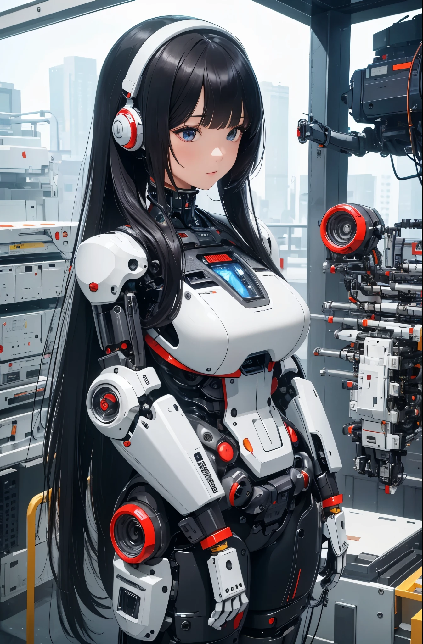 masterpiece, best quality, extremely detailed, Japaese android girl,Plump , control panels,android,Droid,Mechanical Hand, Robot arms and legs, Black hair,Blunt bangs,perfect robot girl,long tube,thick cable connected her neck,android,robot,humanoid,cyborg,japanese cyborg girl ,robot-assembly plant,She is assembling now,assembly scene