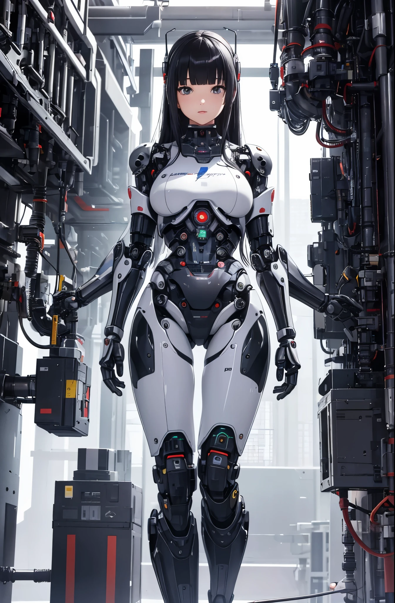 masterpiece, best quality, extremely detailed, Japaese android girl,Plump , control panels,android,Droid,Mechanical Hand, Robot arms and legs, Black hair,Blunt bangs,perfect robot girl,long tube,thick cable connected her neck,android,robot,humanoid,cyborg,japanese cyborg girl ,robot-assembly plant,She is assembling now,assembly scene