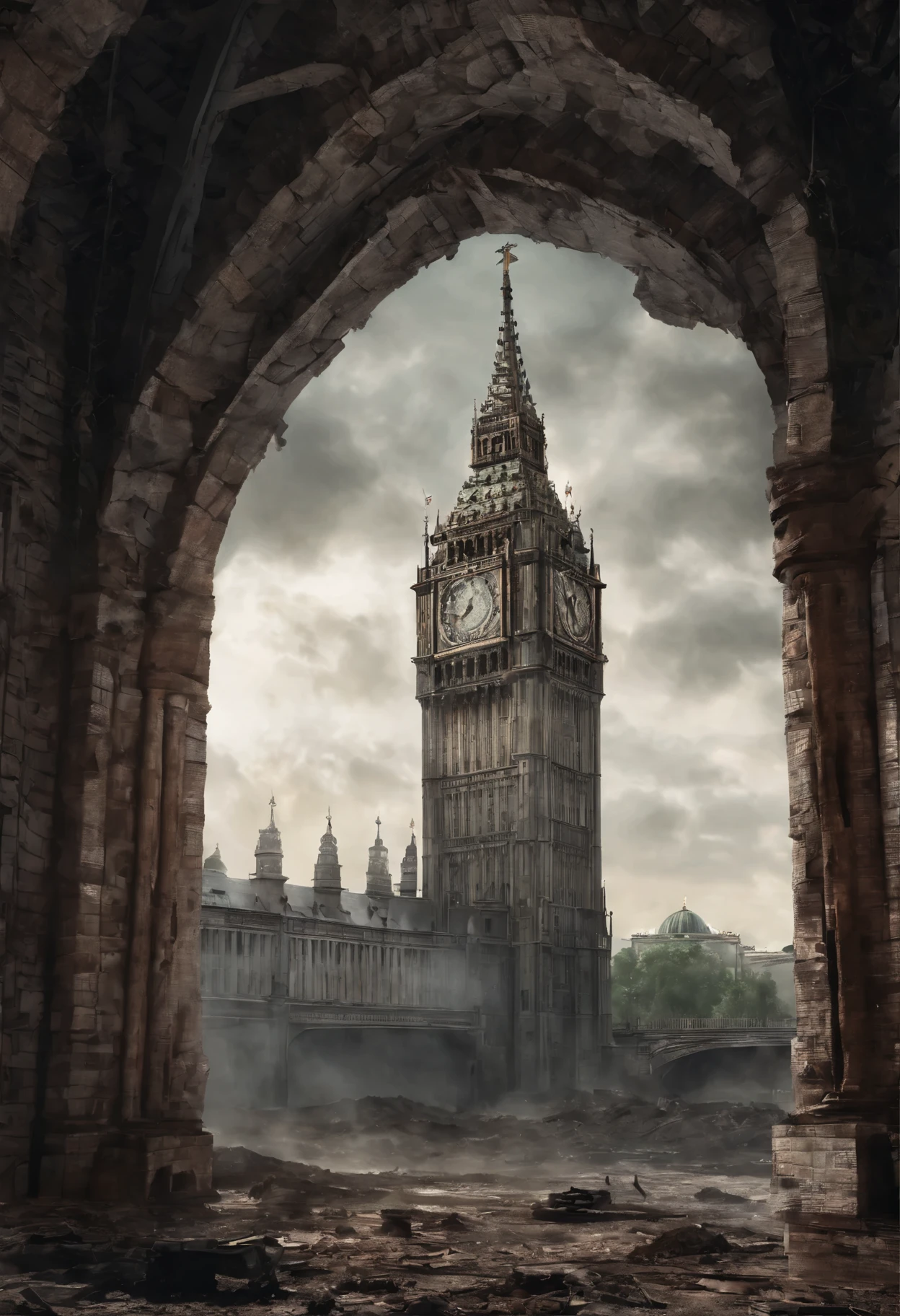 Masterpiece, obra maestra, hiperrealismo, cinematographic image, 8K, profundidad de campo, cinema lighting, a Post apocalyptic shot of the typical iconic image of the (big ben en Londres en ruinas),full of greenery, image Post apocalyptic and dystopian, dome route, ((en el cielo se ven planetas y (naves espaciales))), ((smoke behind the kremlin)). In the foreground a laser gun on the ground and a pool of dried blood