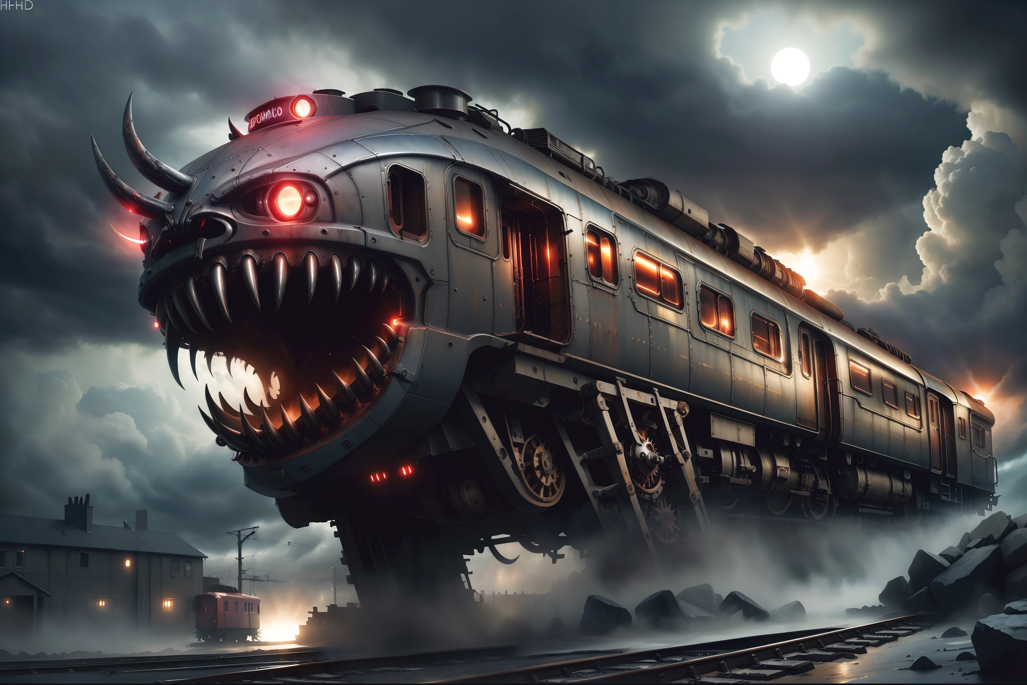 DemonMawAI, (train), futuristic, nighttime, stormy, scary, steampunk, (detailed high saturation sharp lines high quality)