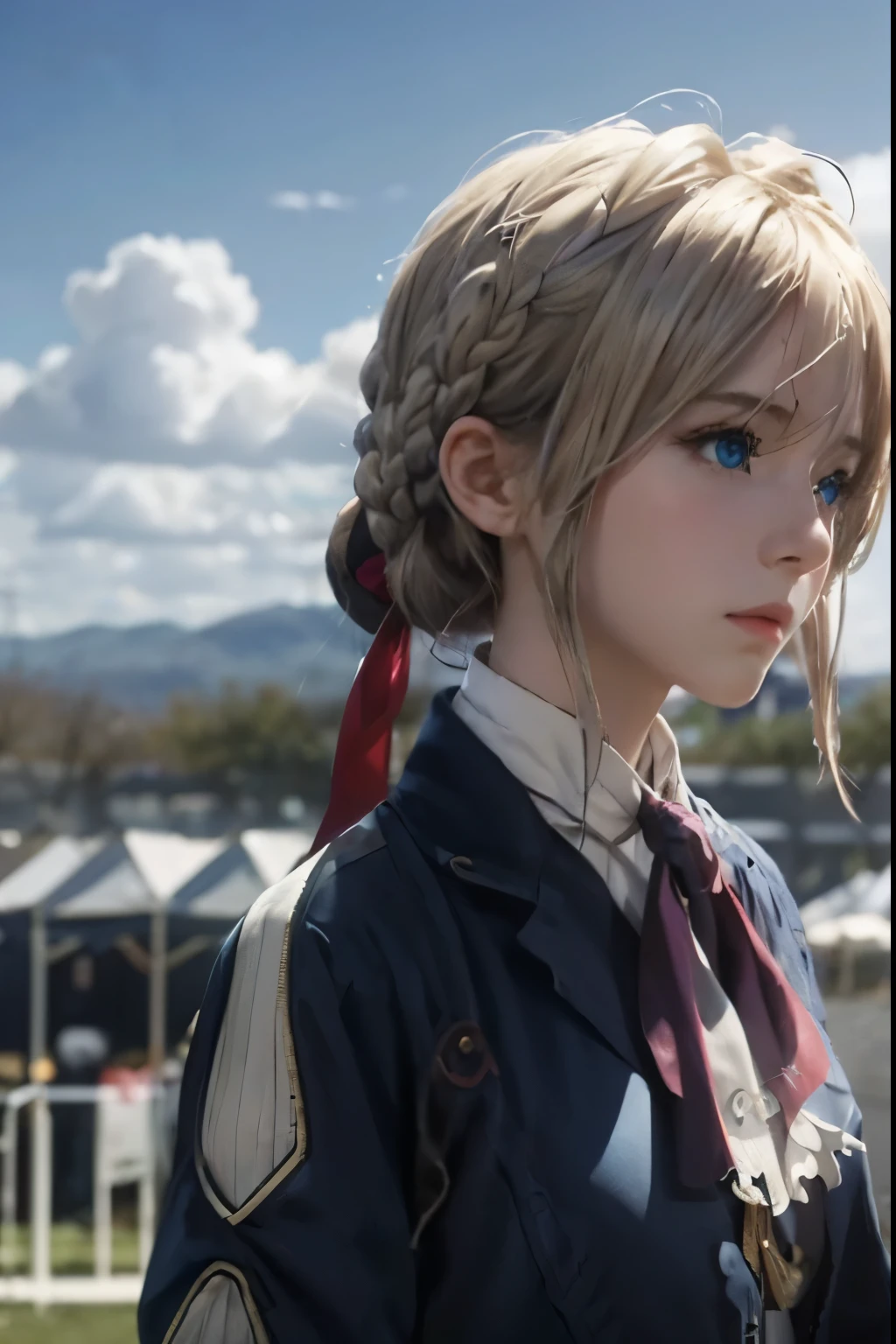 purple, 1 girl, alone, looking at the audience, blue eyes, blonde hair, ribbon, hair between eyes, jewelry, close your mouth, jacket, hair ribbon, braid, outdoor, Sky空, Sky, cloud, red ribbon, blue Sky空, ascot, hair intake, blue jacket, brooch, white ascot, masterpiece ，HD