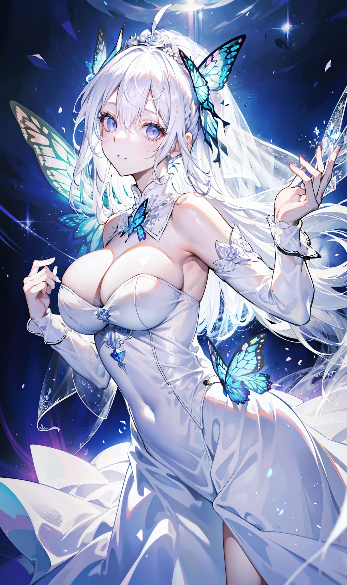 silver hair,Butterfly,long white hair,white wedding dress,8k wallpaper,Detailed background,Highest resolution,Deep V big breasts,hair covering one eye,bandeau wedding dress,Chis,White Rose,tight