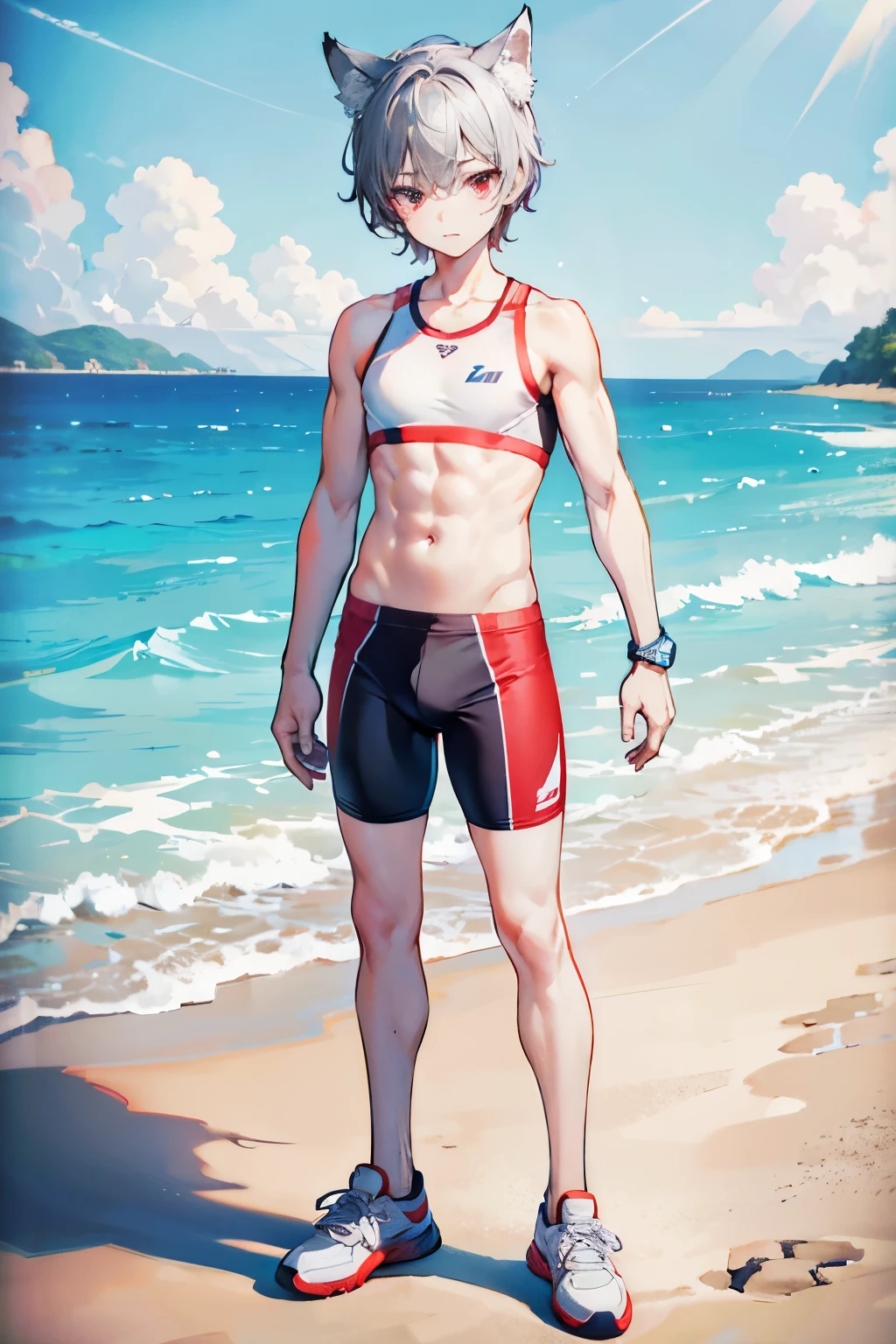Cute male. Feminine male. Green eyes. Brown hair. Wavy hair. Shoulder-length hair. Male wearing black bikini. Short. Patite. Lean. Curvy body. Bulged croch. Tan skin. At the beach.