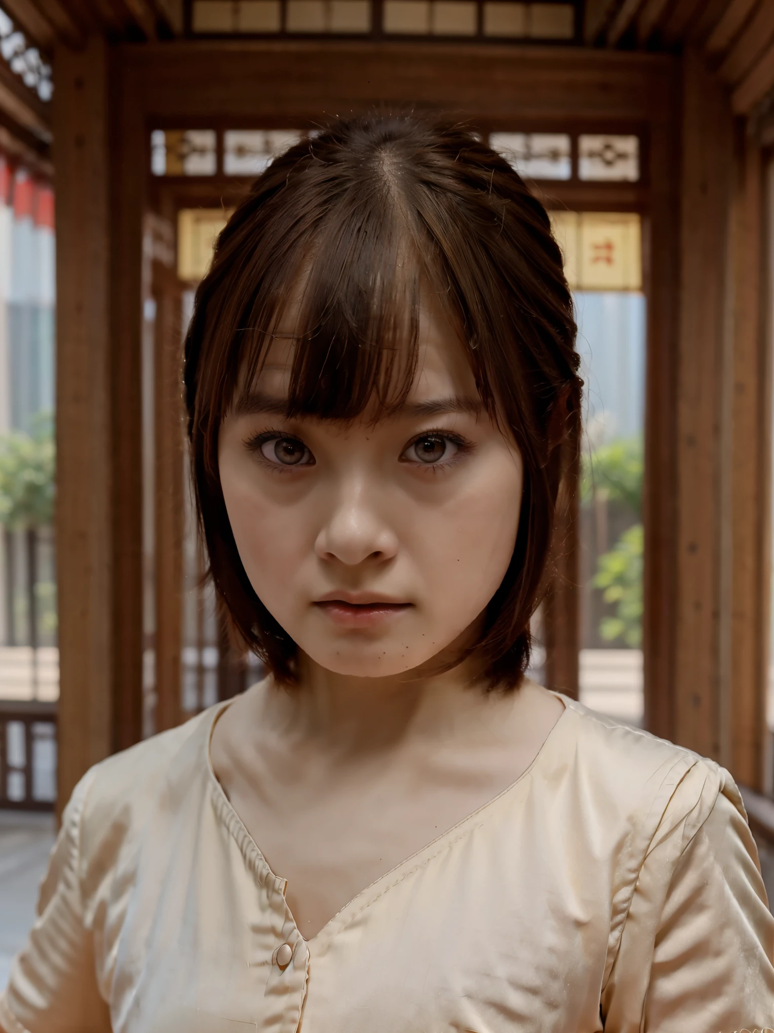 masterpiece, best quality, 1girl, Kanna Hashimoto,red eyes, brown hair, so, short hair,bangs, red shorts , chinese clothes,chinese pagoda