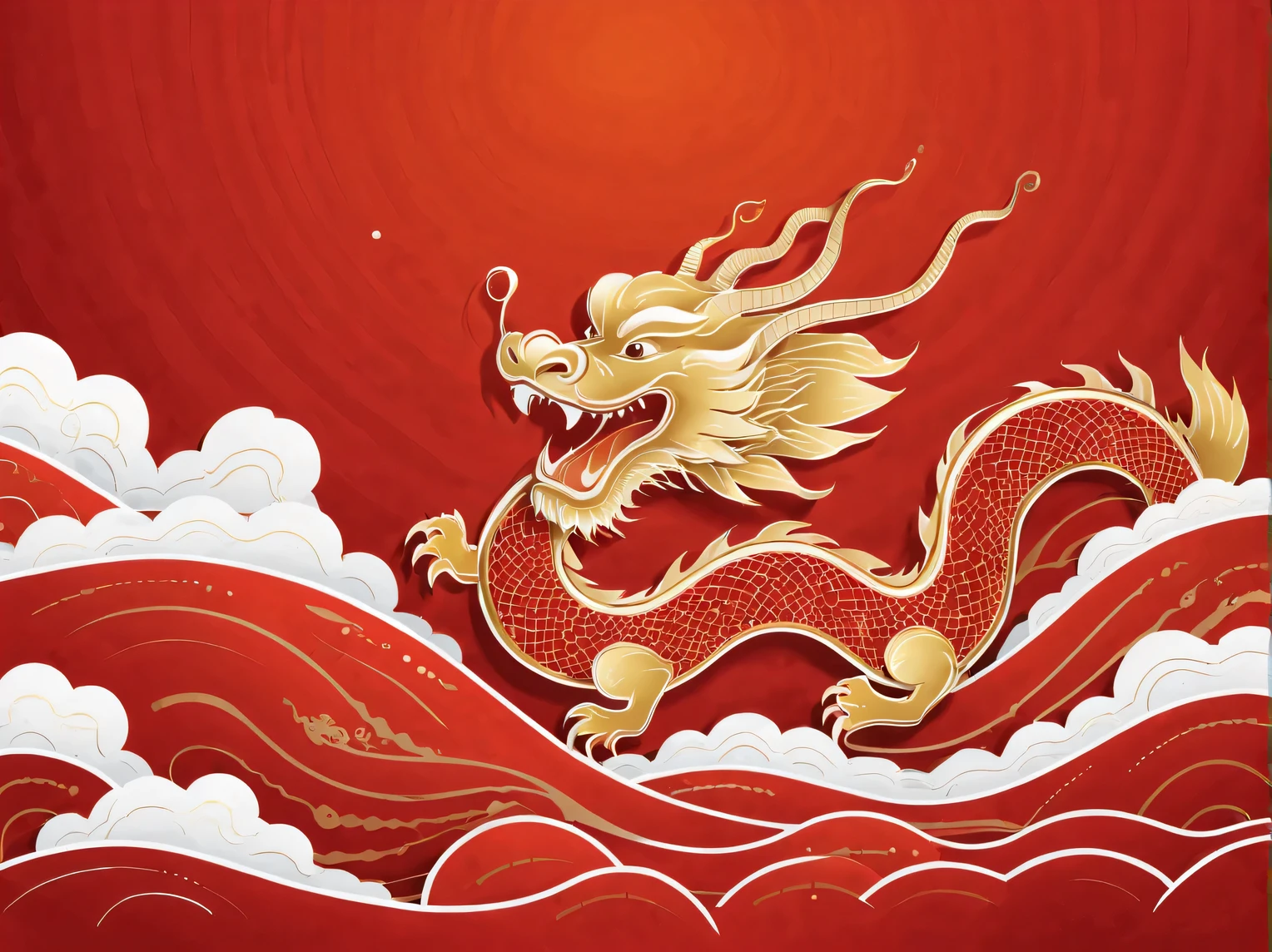 Sketch style, Simple golden negative space on Chinese red background, Smiling happily and cutely, Minimalist Chinese dragon walking, dynamic action, golden english thin line "Marine art" Width, "Marine art."
flat, vector, clip art, Greg Staples style, Opat,