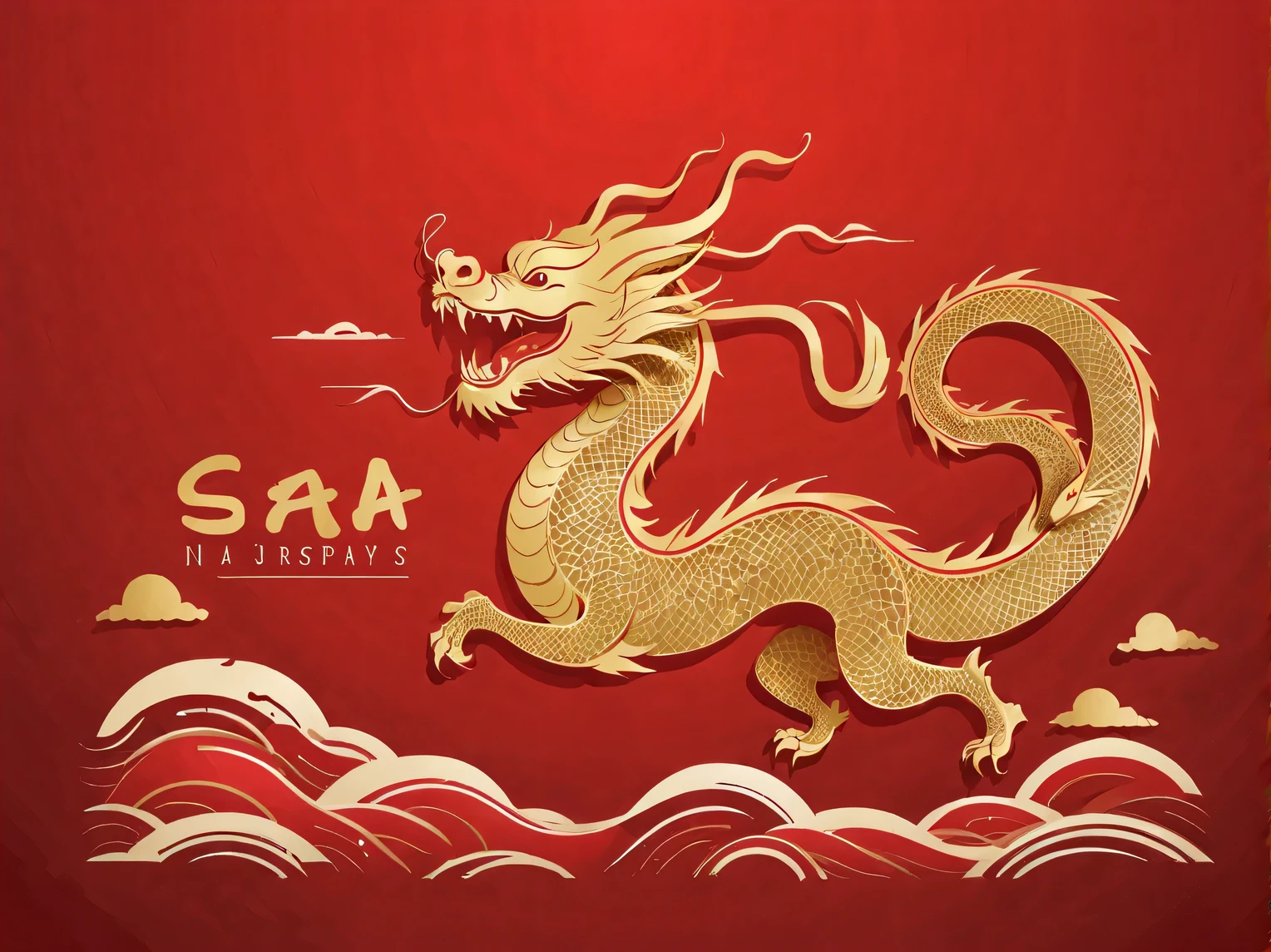 Sketch style, Simple golden negative space on Chinese red background, Smiling happily and cutely, Minimalist Chinese dragon walking, dynamic action, golden english thin line "Marine art" Width, "Marine art."
flat, vector, clip art, Greg Staples style, Opat,