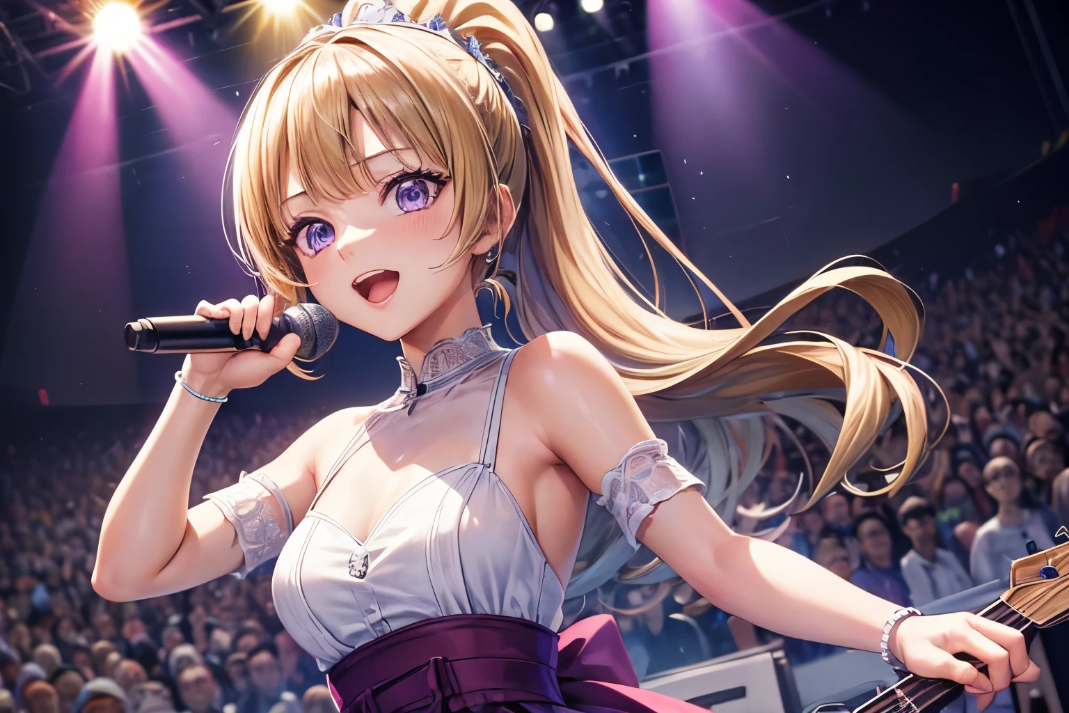 ((masterpiece:1.4, best quality)), ultra detailed, super detailed,Kei Karuizawa,1girl,blonde, ponytail, purple eyes, hd quality, wallpaper , singing,idol holding mic, beautiful girl, looking at viewer, concert, enthusiastic, long shot view,