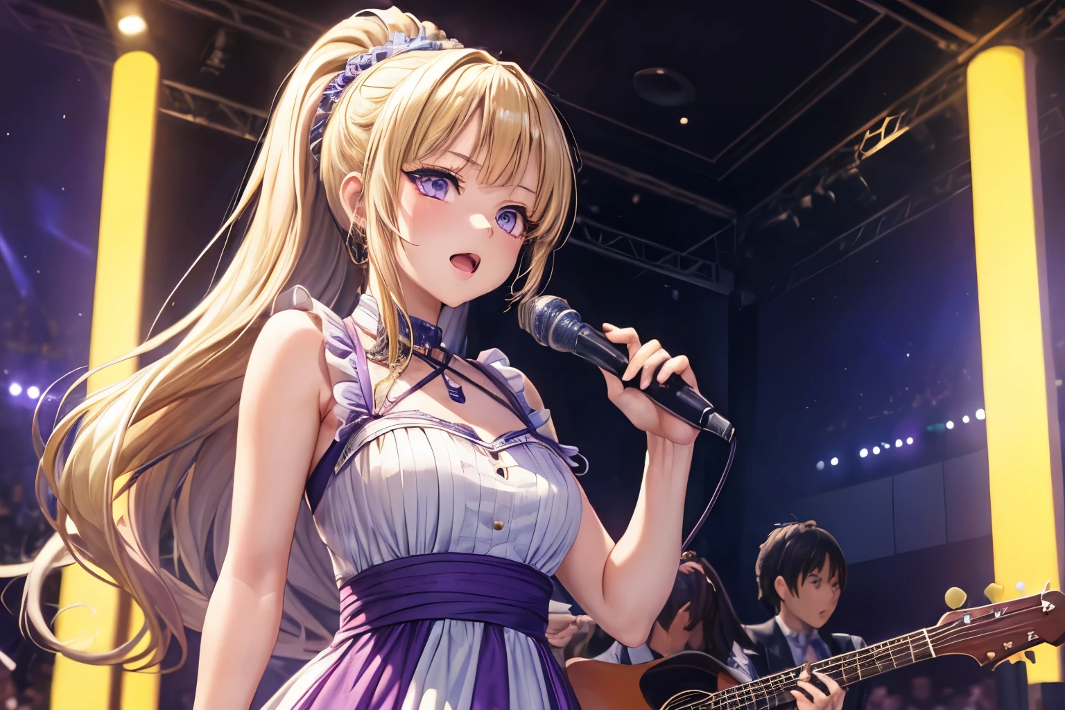 ((masterpiece:1.4, best quality)), ultra detailed, super detailed,Kei Karuizawa,1girl,blonde, ponytail, purple eyes, hd quality, wallpaper , singing,idol holding mic, beautiful girl, looking at viewer, concert, enthusiastic, long shot view,