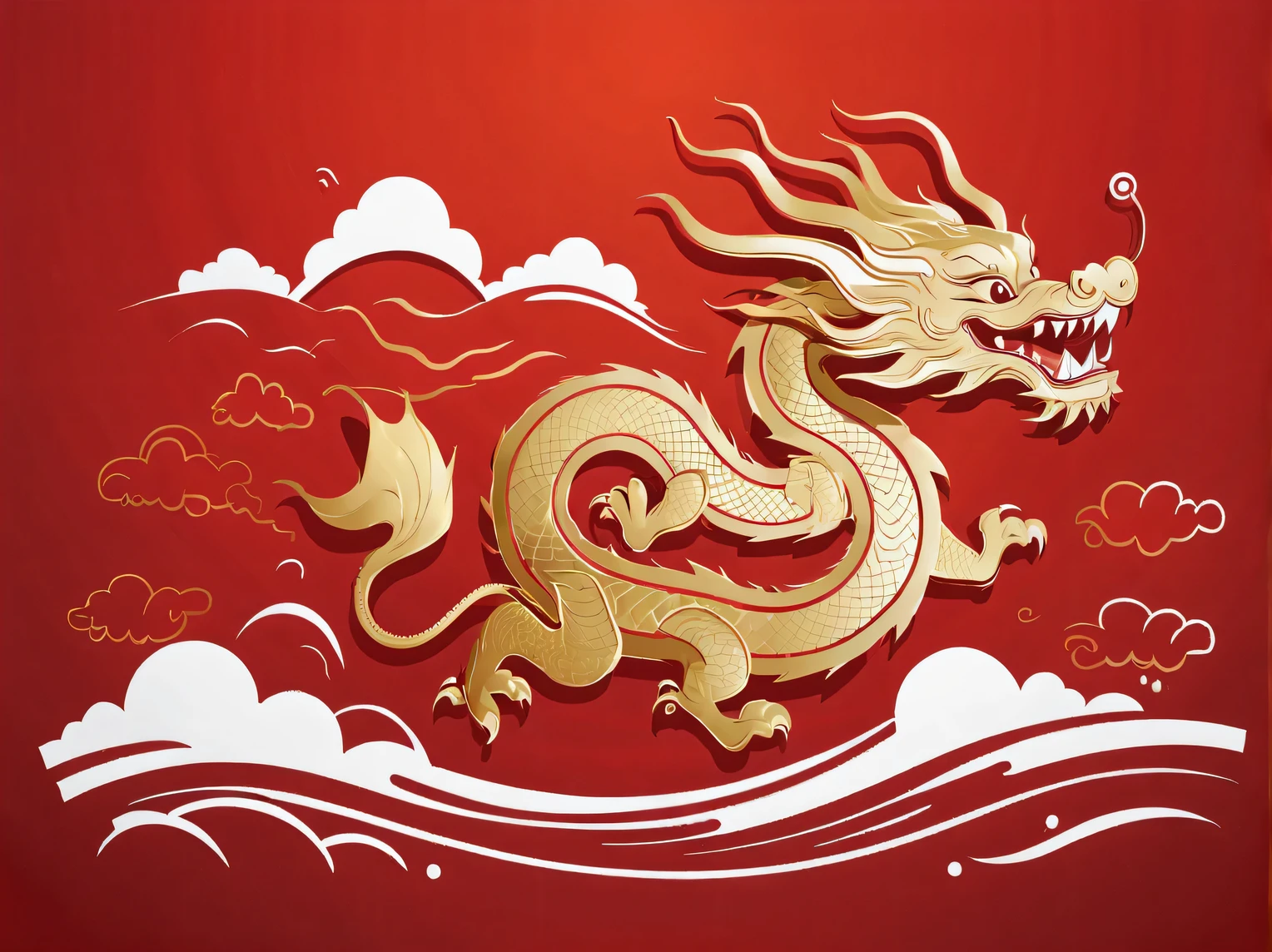 Sketch style, Simple golden negative space on Chinese red background, Smiling happily and cutely, Minimalist Chinese dragon walking, dynamic action, golden english thin line "Marine art" Width, "Marine art."
flat, vector, clip art, Greg Staples style, Opat,