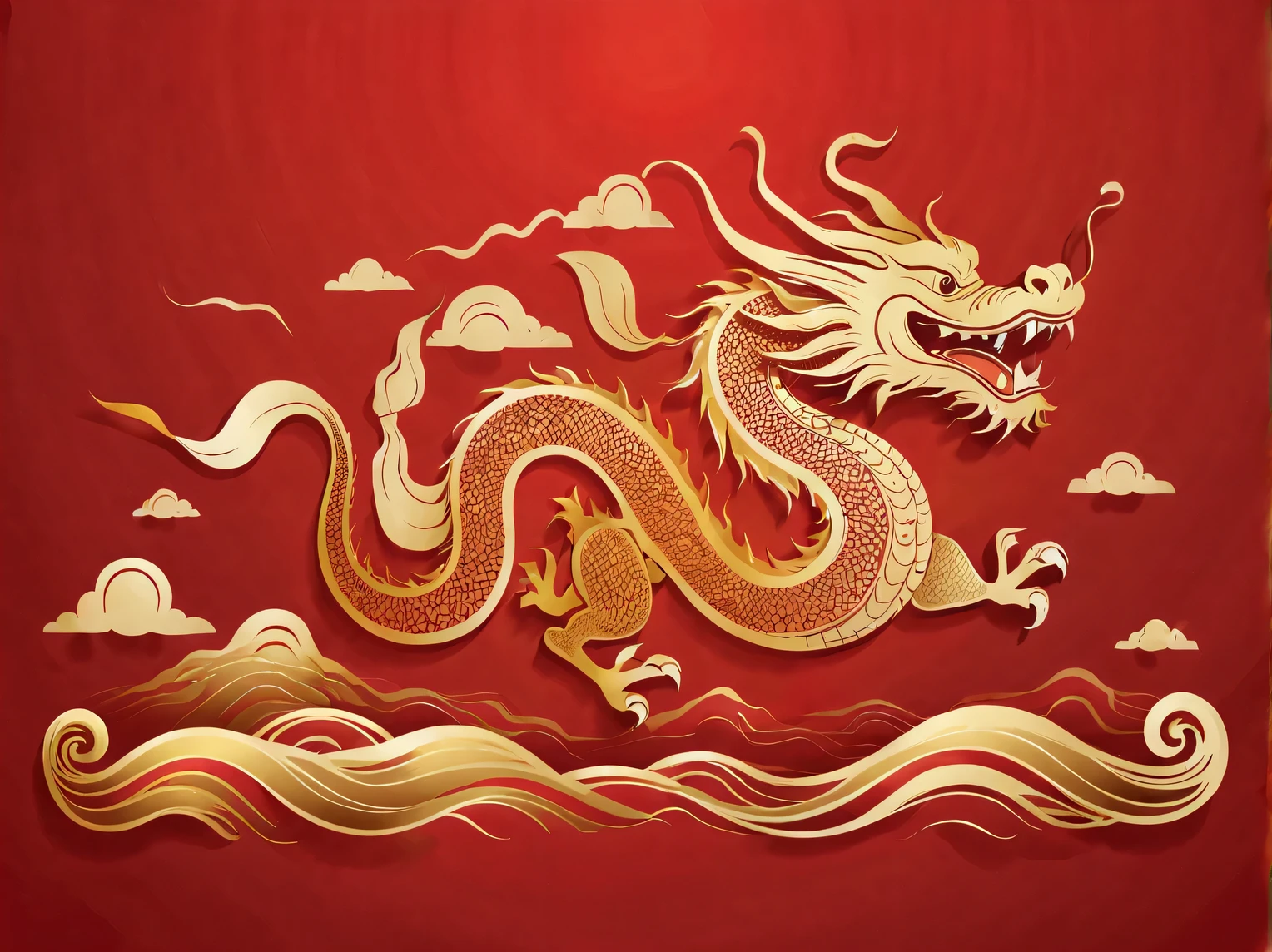 Sketch style, Simple golden negative space on Chinese red background, Smiling happily and cutely, Minimalist Chinese dragon walking, dynamic action, golden english thin line "Marine art" Width, "Marine art."
flat, vector, clip art, Greg Staples style, Opat,