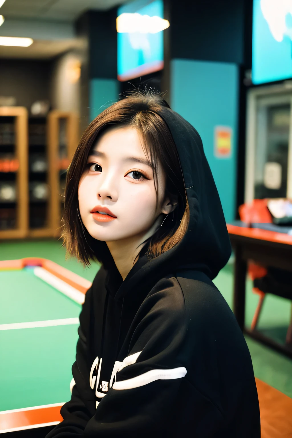 Photo of a Beautiful Korean kpop idol Woman, gamingroom, very deep, film grain, Ilford HP5, 80mm、subculture、black hoodie