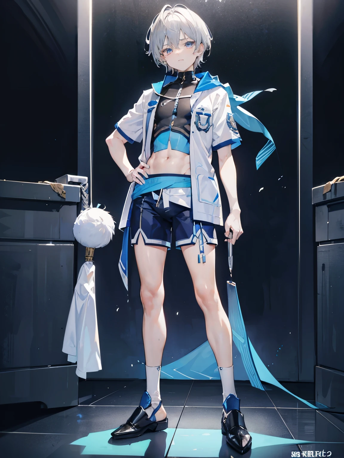 Wallpaper phone,masterpiece,best quality,8K quality,unparalleled clarity,best strokes,full body character,panoramic,telephoto lens, delicate face,Boys’ fingers are very delicate,sports student,Handsome boy,charming,,Shota,abdominal muscles(0.5),anime characters,heterochromatic eyes,look at the audience,sneering,male focus,Gray hair is messy,Take a shower in the shower,Wearing blue and white armor,Wearing only white shorts,standing posture,The crotch is bigger,put hands on face,looking from bottom to top,Clear background image