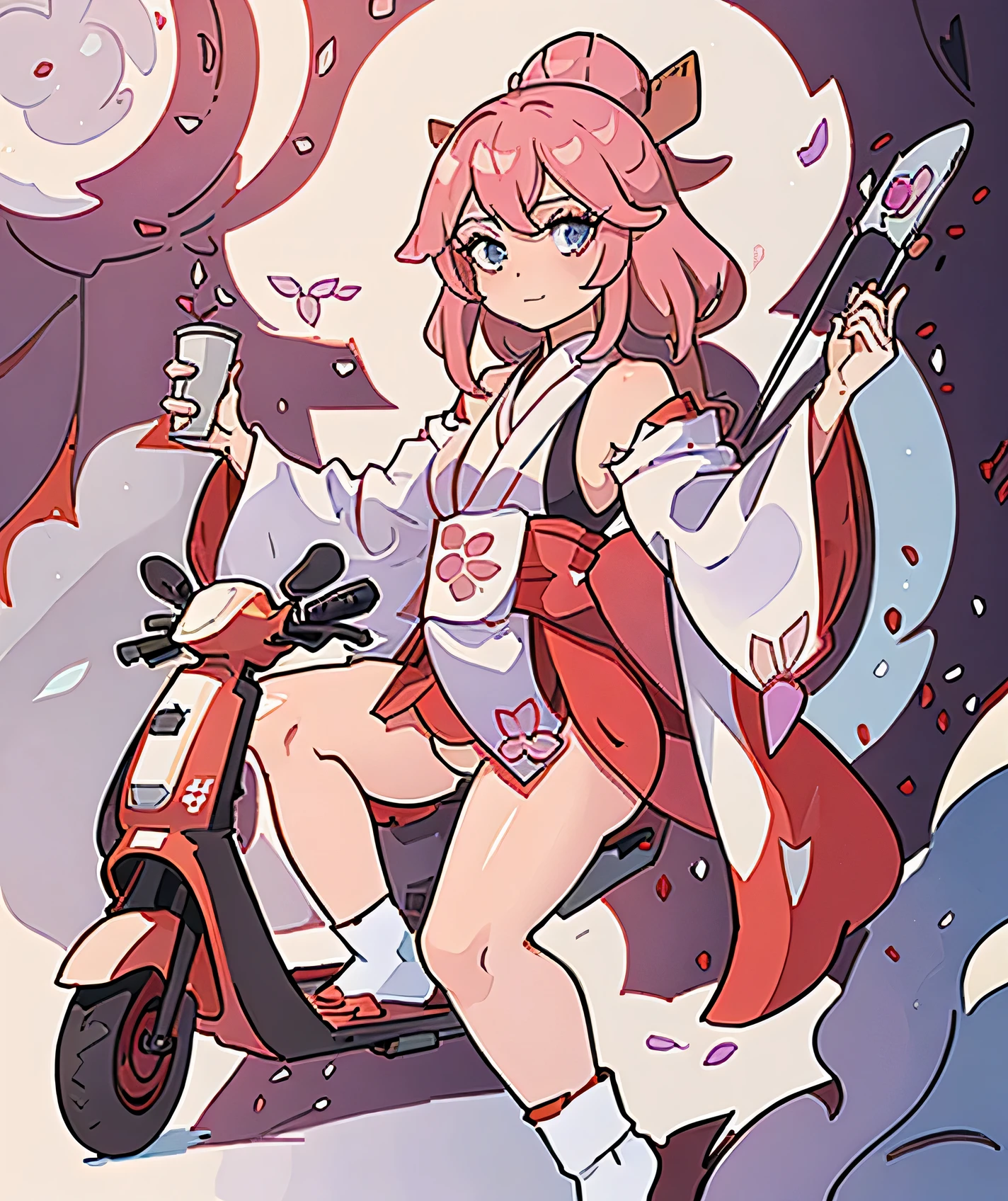 Anime girl wearing a kimono riding a small scooter and holding a tray, Gweiz on pixiv artstation, anime art vehicle concept art, by Xia Wei, Gweiz, artwork in the style of Gweiz, Gweiz on artstation pixiv, Kushat Kents, trending on cgstation, Produced at Anime Artist Studio