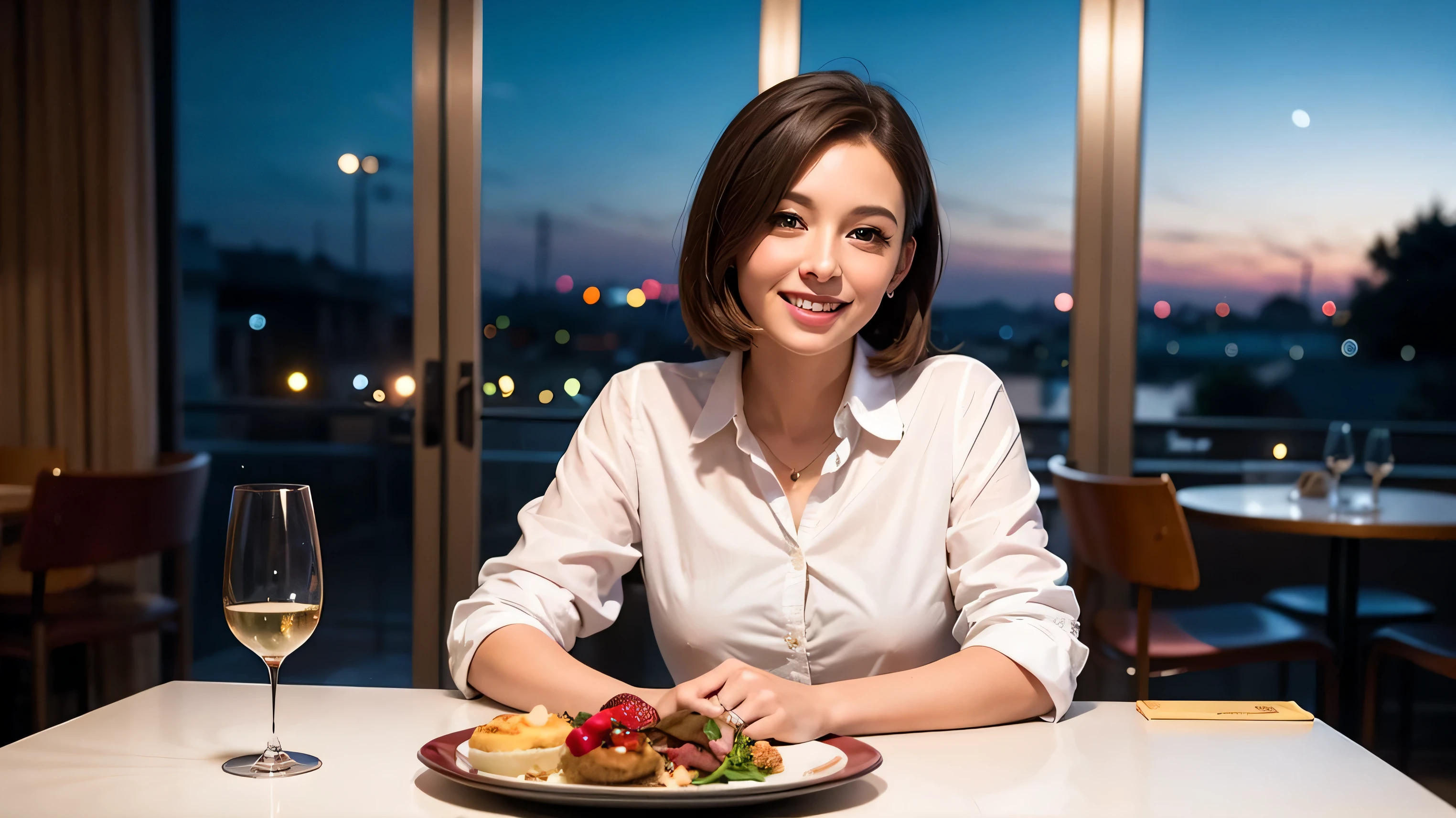 64k, UHD, highest quality, masterpiece: 1.2), (realistic, photorealistic: 1.37), Super detailed, 3 women who love wine、three men、restaurantでワイン宴会、(slimな男女4名),(Wine party for 5 people)、(slimフェイス),Happy、 最高なsmile、Fox Face、Raccoon face、Berry Short、(because I'thin), (brown hair), (shortcut), long sleeve shirt、winter fashion、Colombia、Brazilian、Japanese、Dutch、German、Portuguese、Belgian、Italian、french,champagne、Sparkling wine、 (gush), (slimボティ), (brown hair), (shortcut), Neat beauty、cheeks blush a little, (35 years old), 38 years old, alone, A beautiful and detailed night view spreads out outside the window..., restaurant, wine glassが座っている, At night, in a prominent place (from the Upper body) nova frog style, actress, model, Upper body, White wine, slim, wine glass, very beautiful night view, wine glass Put in the Middle, Happy smile, (smile: 1.15),