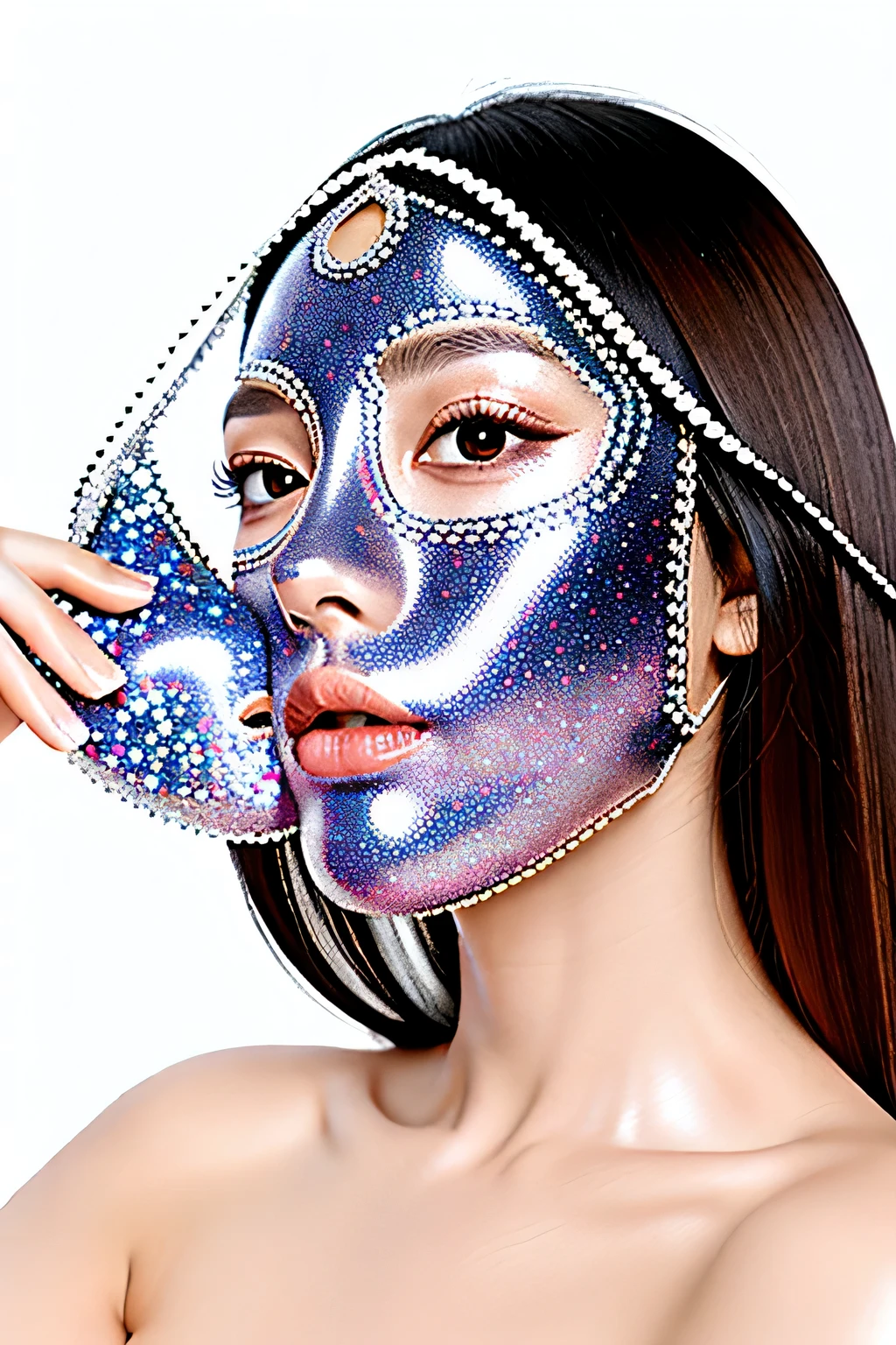Arafad woman with starry sky mask on her face, sparkles on the skin, sparkles on the skin, shiny skin, with shiny skin, platinum skin, The mask covered her entire face, shiny shiny skin, full face view, shiny skin!!!, black hair, glowing magical shiny skin, Oval face，bust