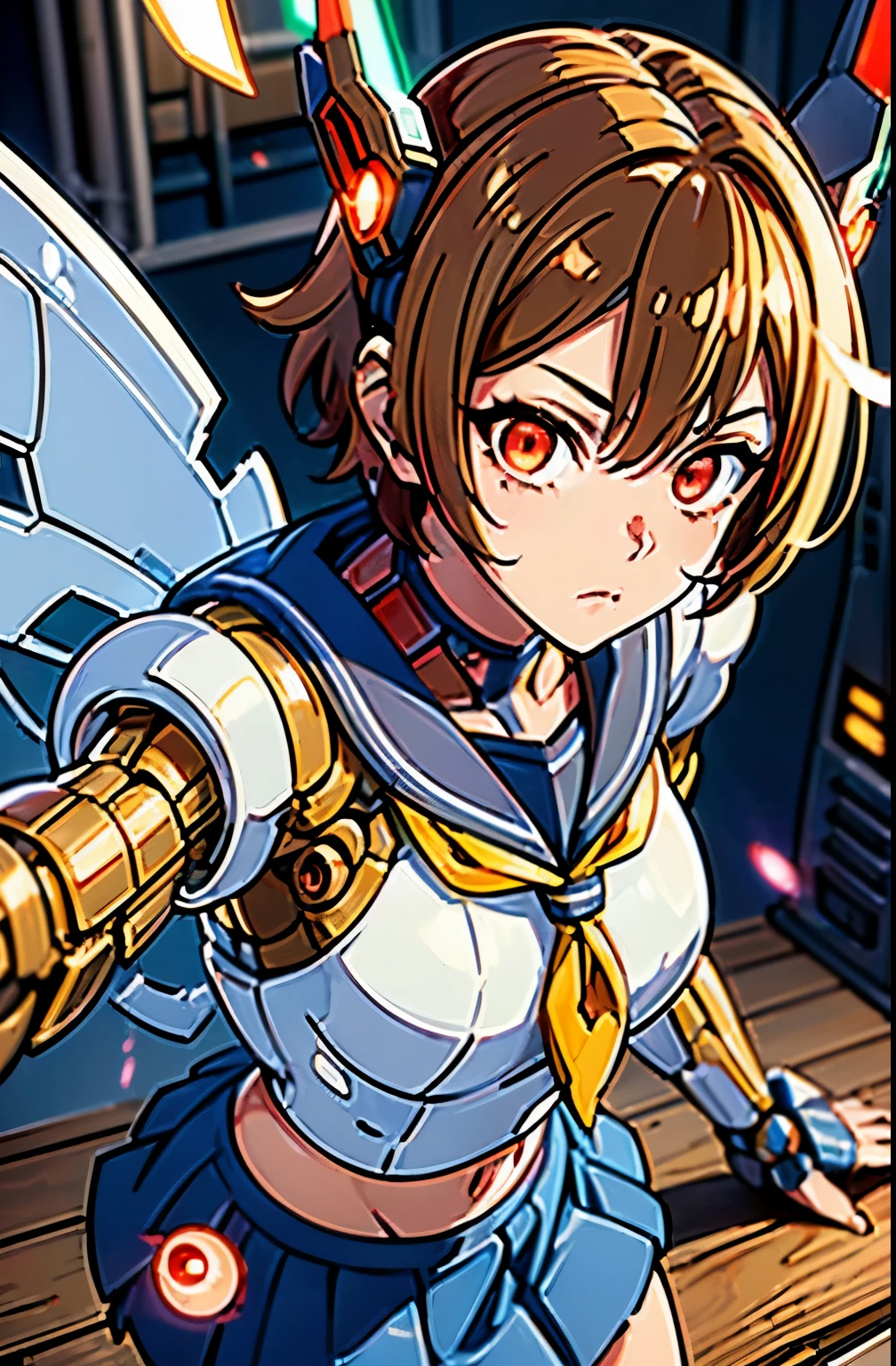 1girl solo,Standing depiction、(Large symmetrical mechanical wing:1.6)、((kasugano sakura:1.3))、(symmetrical mechanical headgear:1.6)、Beauty Cyborg, Cyborg - beautiful woman with brown short bob hair perfect anime cyborg woman, cute cyborg beauty, beautiful cyborg beauty, cyborg girl, (Perfect android beauty), (The perfect cyborg woman), (Cyborg - Girl), (beautiful female cyborg)、 beautiful white girl cyborg, beautiful female android, Beautiful and attractive female cyborg、walk、full body description、(Mechanical sailor suit:1.5)、(mechanical ruffle skirt:1.5)、((Combat readiness))、(glowing red mechanical eyes:1.9), brown hair, short hair, bangs, Ahoge,(head band), ((Gray uniform:1.4)), puffy sleeves, crop top, yellow neckerchief, ((gray skirt:1.4)), fingerless gloves, thighs thighs, white socks, red footwear,Expressionless、(table top, highest qualityの, highest quality, beautiful and aesthetic: 1.2), very detailed, more detailed,Proper body proportions,table top,Ultra high quality output image,High resolution,intricate details,very delicate and beautiful hair,realistic pictures,dream-like,professional lighting,realistic shadow,focus only,anime one、discovery stance, punching, discovery,raise one leg、Anime one、(combat stance:1.3)