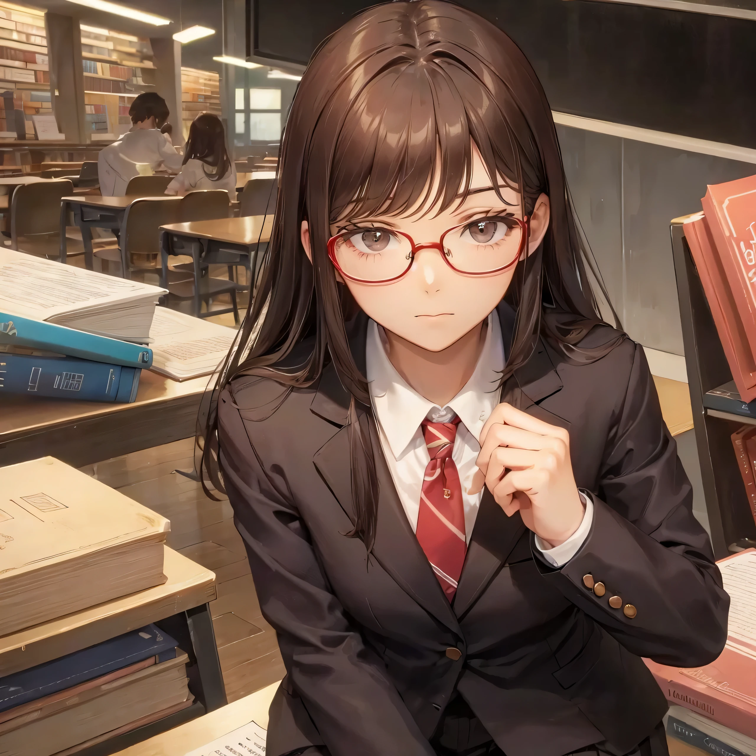 high school girl　blazer　library　Brown glasses　squat　look up　medium length hair