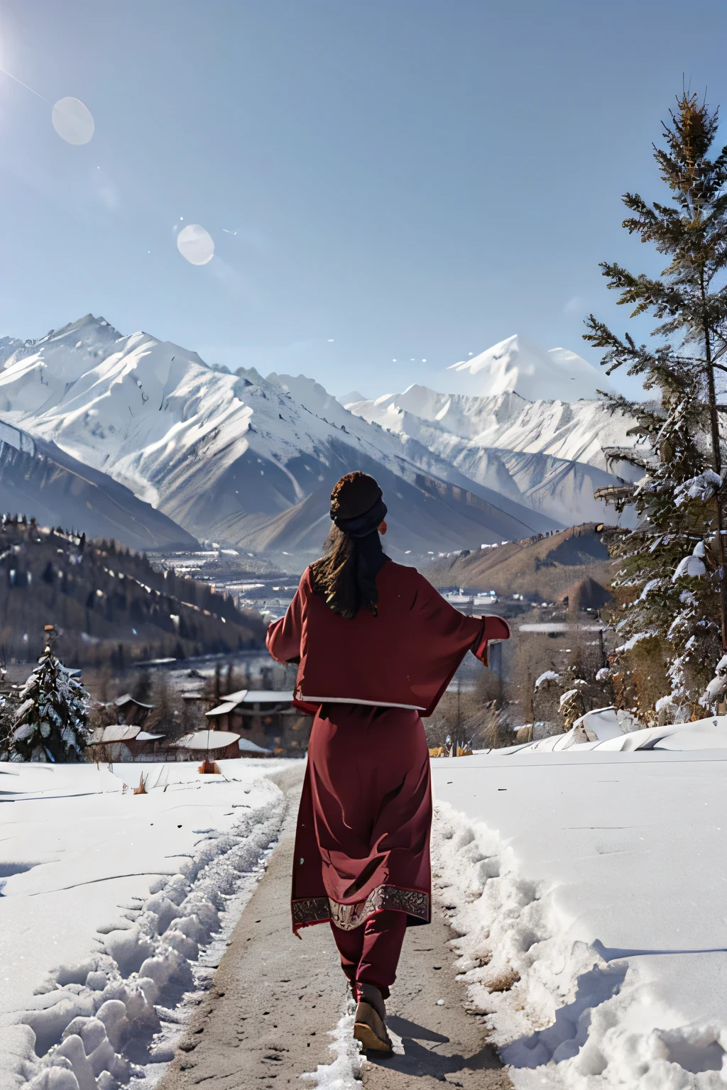 Portraitless realistic hot kashmiri girl facing backwards without face in kashmir heavy snow mountains in kashmiri traditional attire