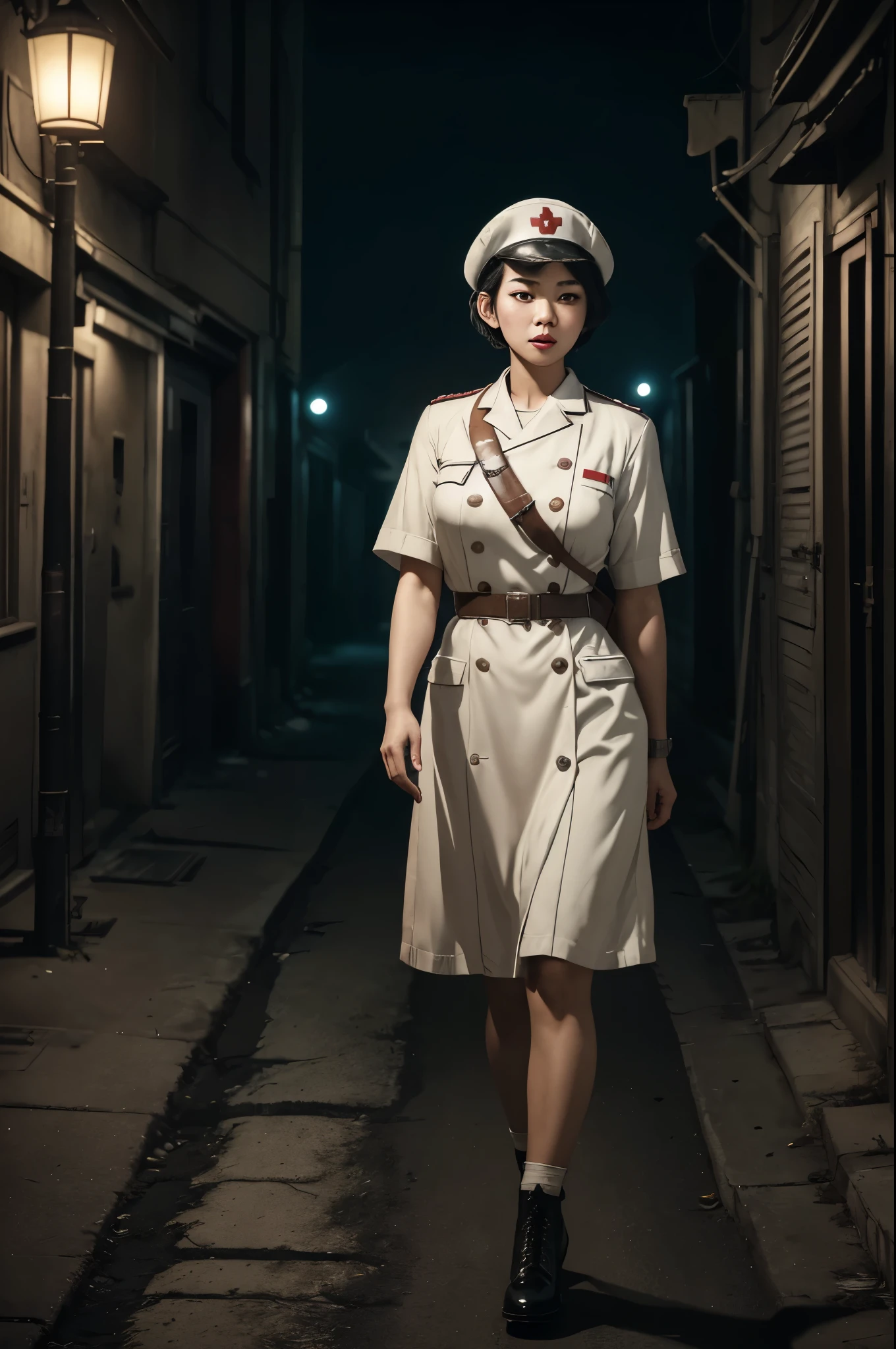 Asian WW2 nurse, ((beautiful face)) (short hair), (makeup), white uniform and nurse's hat, ((full body shot)) runs toward viewer looking back, scared, behind her giant scary shadowy monsters, ((deserted WW2 European street)) ((spooky night)), dramatic lighting, (depth of field), ((masterpiece)), ((best quality)), ((highly detailed))