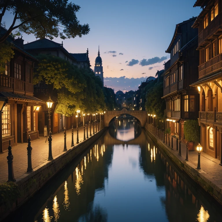 (best quality,4k,8k,highres,masterpiece:1.2),ultra-detailed,realistic,photorealistic:1.37,ancient city,sunset,stone buildings,warm golden light,shadows and silhouettes,historical landmarks,majestic architecture,impressive structures,narrow cobblestone streets,glowing sky,serene atmosphere,city walls,ornate gates,twisting alleys,brass street lamps,falling leaves,rustling trees,peaceful canals,reflections on the water,majestic bridges,bustling markets and stalls,people in traditional attire,figurines and carvings,medieval charm,archaic culture,echoes of the past,tranquil cityscape,flourishing gardens,colorful window shutters,magnificent temples and palaces,tranquil cityscape,illuminated by the setting sun,whispers of history.