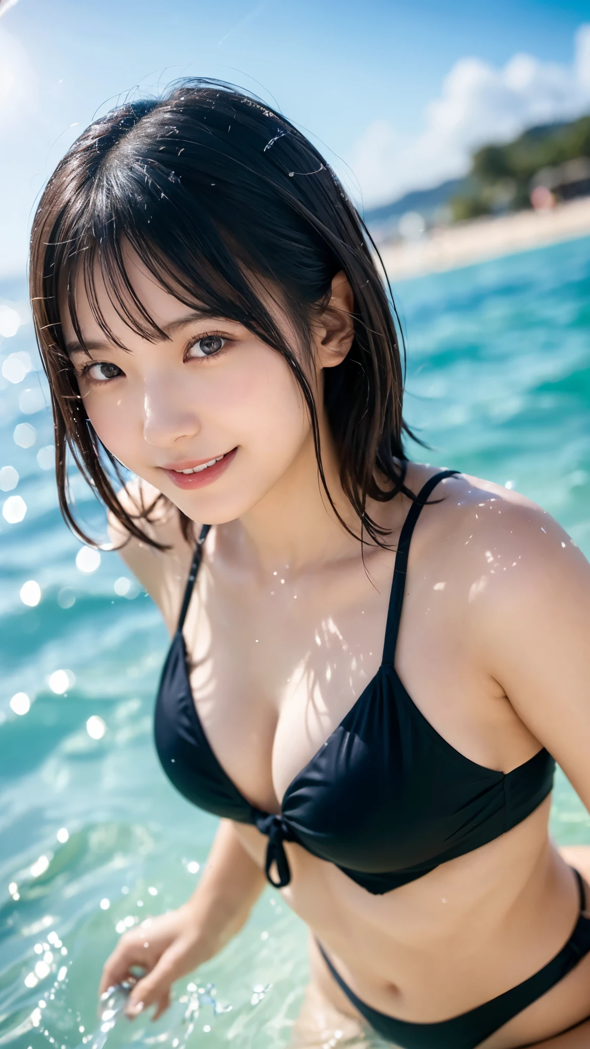 (highest quality,masterpiece:1.3,ultra high resolution),(Super detailed,caustics,8k),(photorealistic:1.4,RAW shooting),(Girls smiling and splashing water on each other),Japanese,18-year-old,cute,black short hair,(big ),bikini swimwear,(face focus),(Face close-up),bust up shot,(low position),(Low - Angle),clear and beautiful sea,beach,sun,strong sunlight,Lens flare,Natural light,professional writing