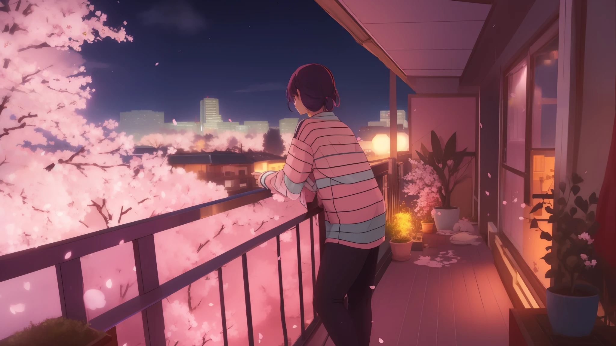 Anime scene of a woman standing on a balcony and looking at the city, anime movie, cherry blossom in full bloom, Gentle light, Night view,