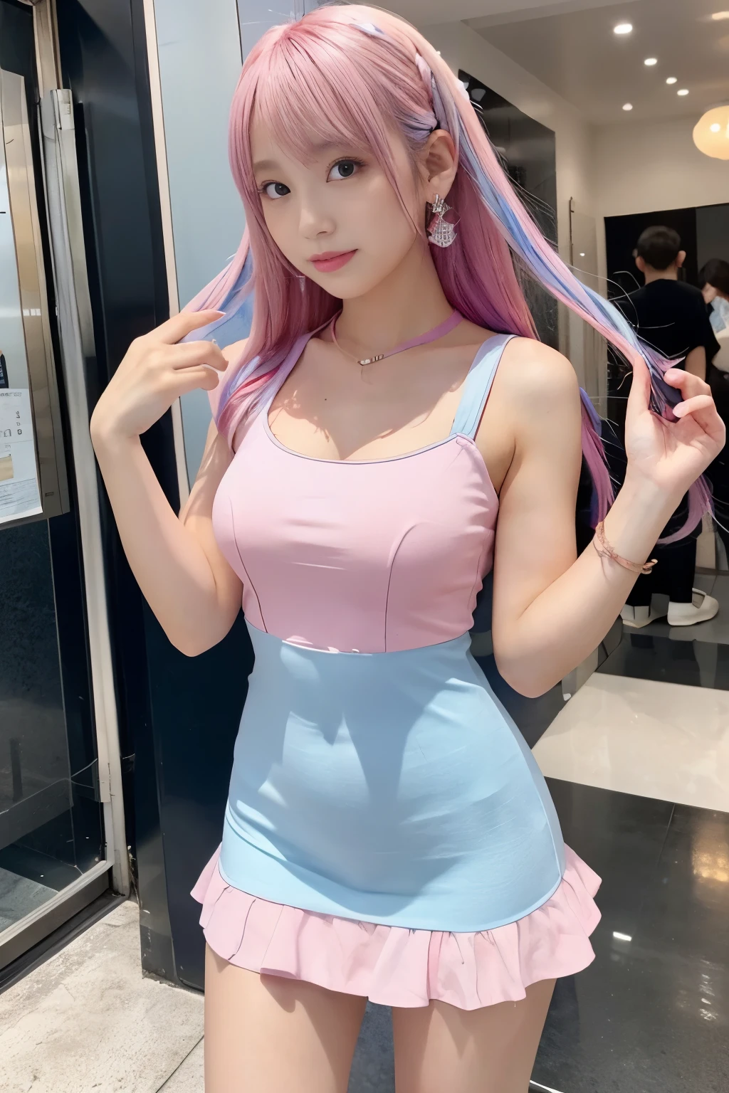 Idol、good style、、pink and light blue tight mini dress、、、whole body、colorful hair