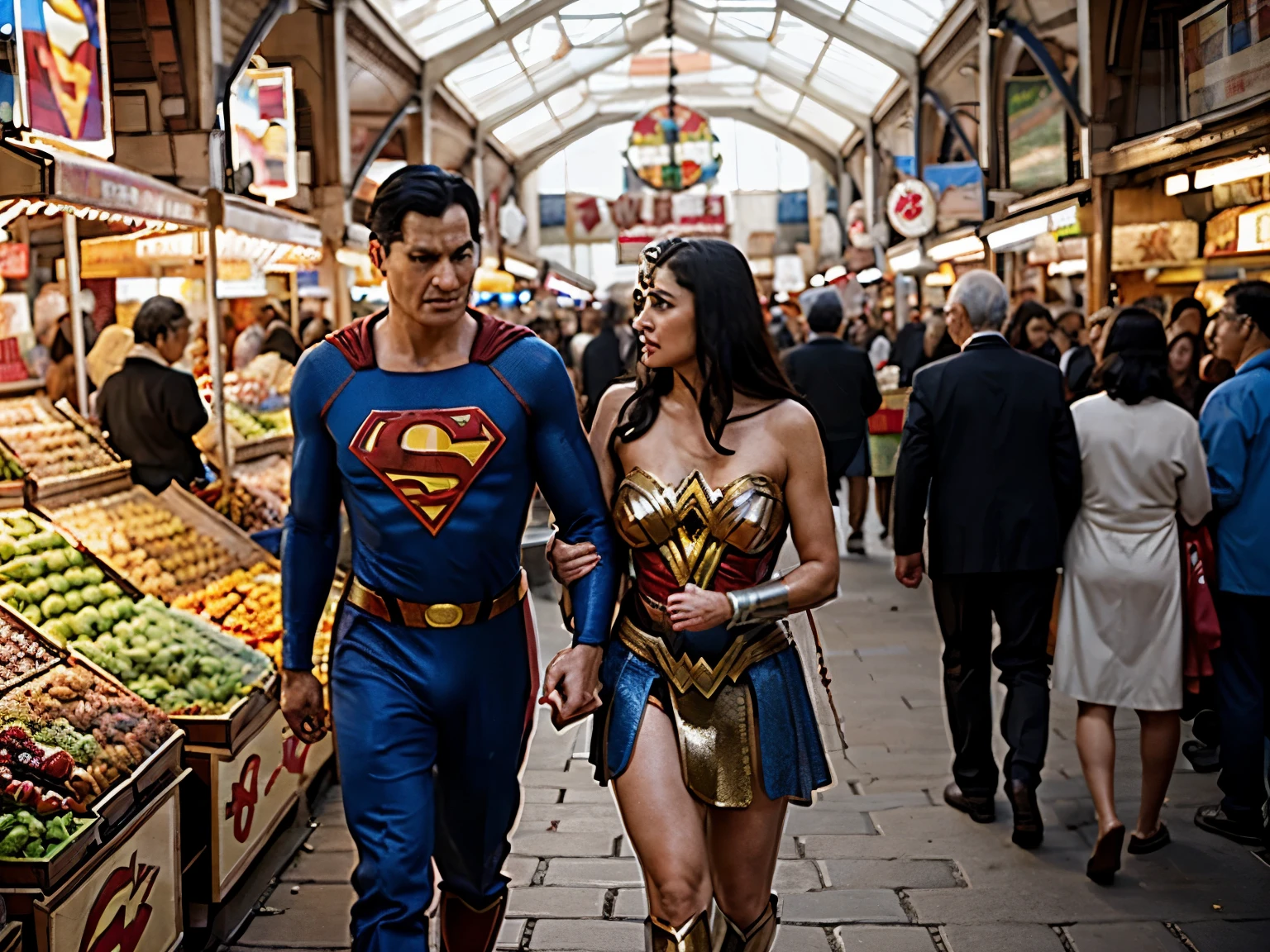 70 years old superman walking hand on hand with 60 years old Wonder woman in the traditional market crowd