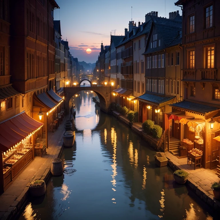 (best quality,4k,8k,highres,masterpiece:1.2),ultra-detailed,(realistic,photorealistic,photo-realistic:1.37),ancient city at sunset,glowing golden hues,serene water reflection,crumbling stone architecture,narrow winding streets,carved elaborate facades,vibrant market stalls,bustling with merchants and locals,steep towering walls enclosing the city,palatial structures bathed in warm light,patterned cobblestone pavements,historical atmosphere,medieval towers reaching towards the sky,enchanting sunset casting long shadows,barrels filled with fresh produce,people dressed in traditional attire,enjoying a leisurely evening stroll,fragrant incense wafting through the air,ornate iron street lamps illuminating the darkness,flickering candlelight in cozy taverns,traditional music drifting from open windows,ancient stone bridges spanning over tranquil canals,whispers of legends and stories from the past,peaceful harmony between nature and architecture,tranquil beauty embraced by the fading light.
